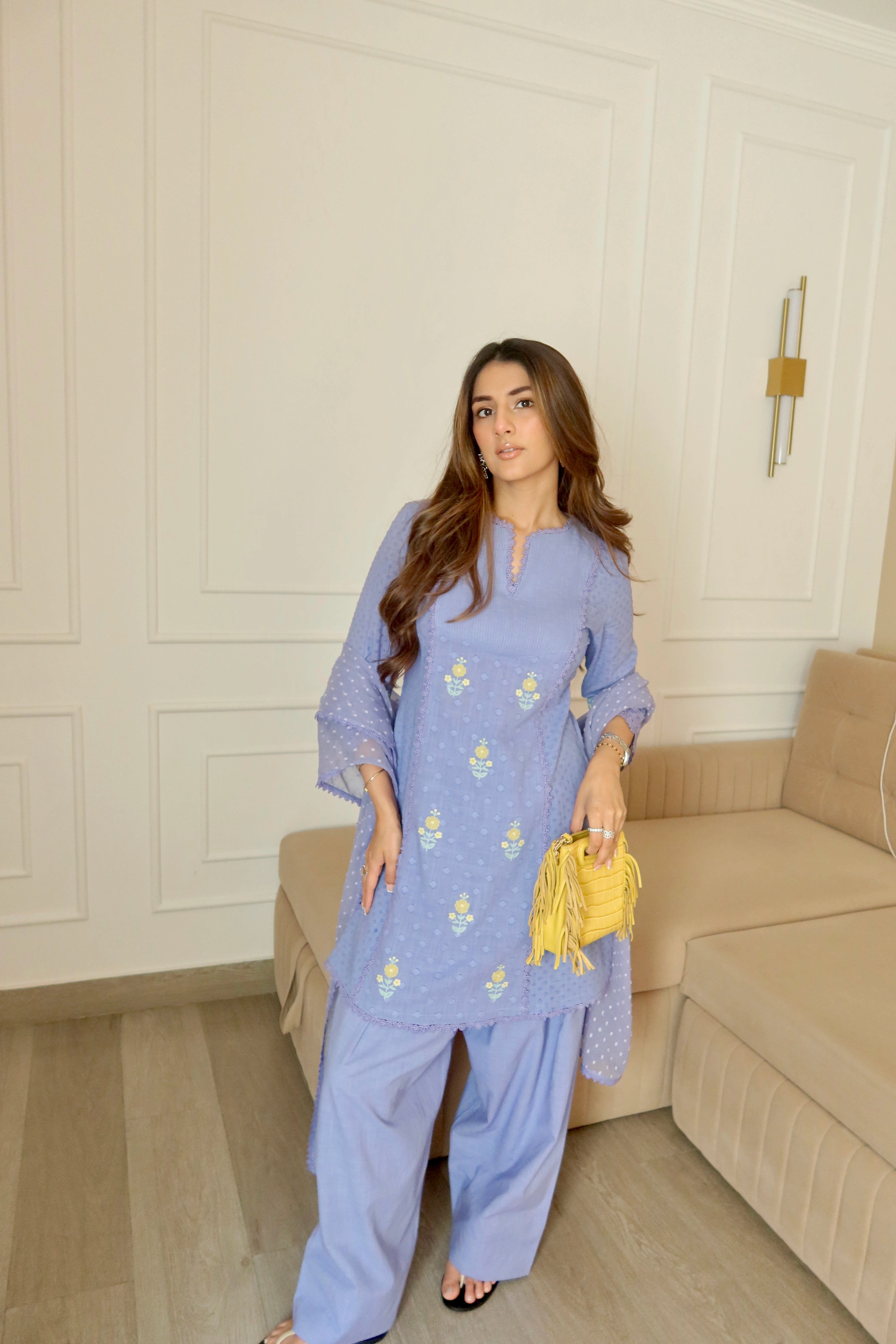 Laila Blue Cotton Slub Jacquard Handcrafted Short Kurta Set with Aari embroidery and Farshi Salwar