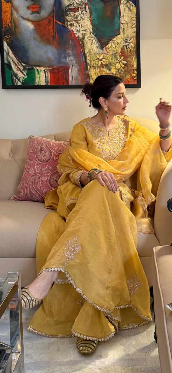 NOOR YELLOW TISSUE CHANDERI HANDCRAFTED SHARARA SET