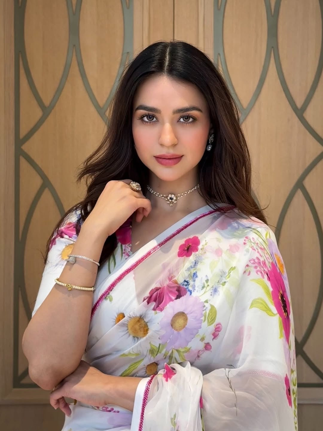 Soundarya Sharma in ARZOO WHITE FLORAL PRINTED HANDCRAFTED ORGANZA SAREE