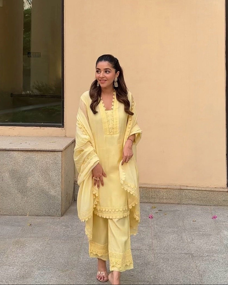 ISHA MULTANI IN MAYA YELLOW COTTON SILK CHANDERI KURTA SET