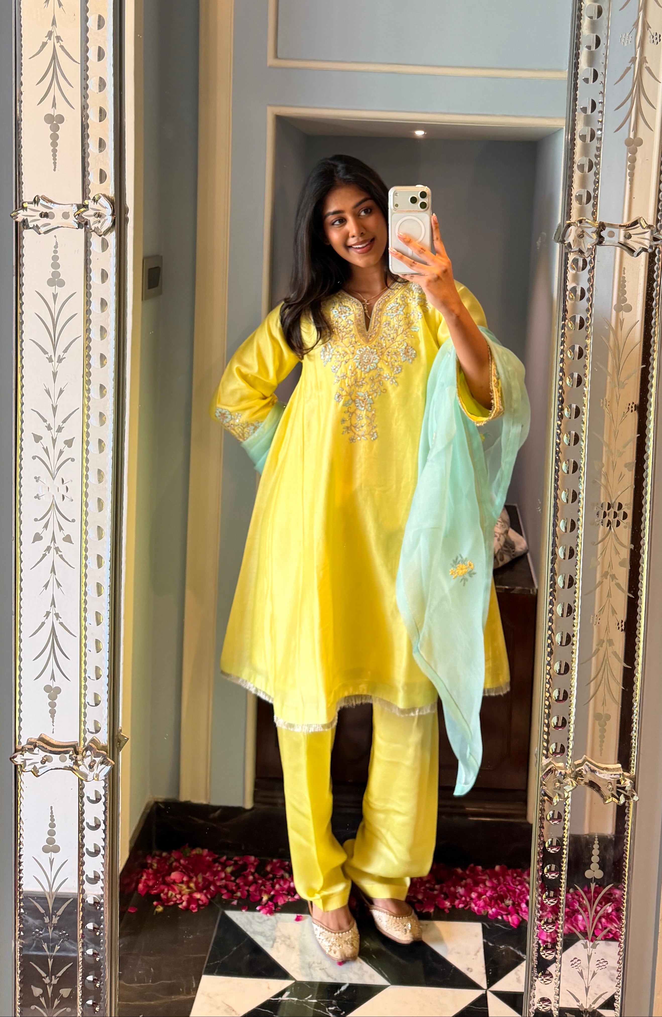 Divya Boppana in Kainat Silk Chanderi Embroidered Lime Yellow A-Line Choga Set