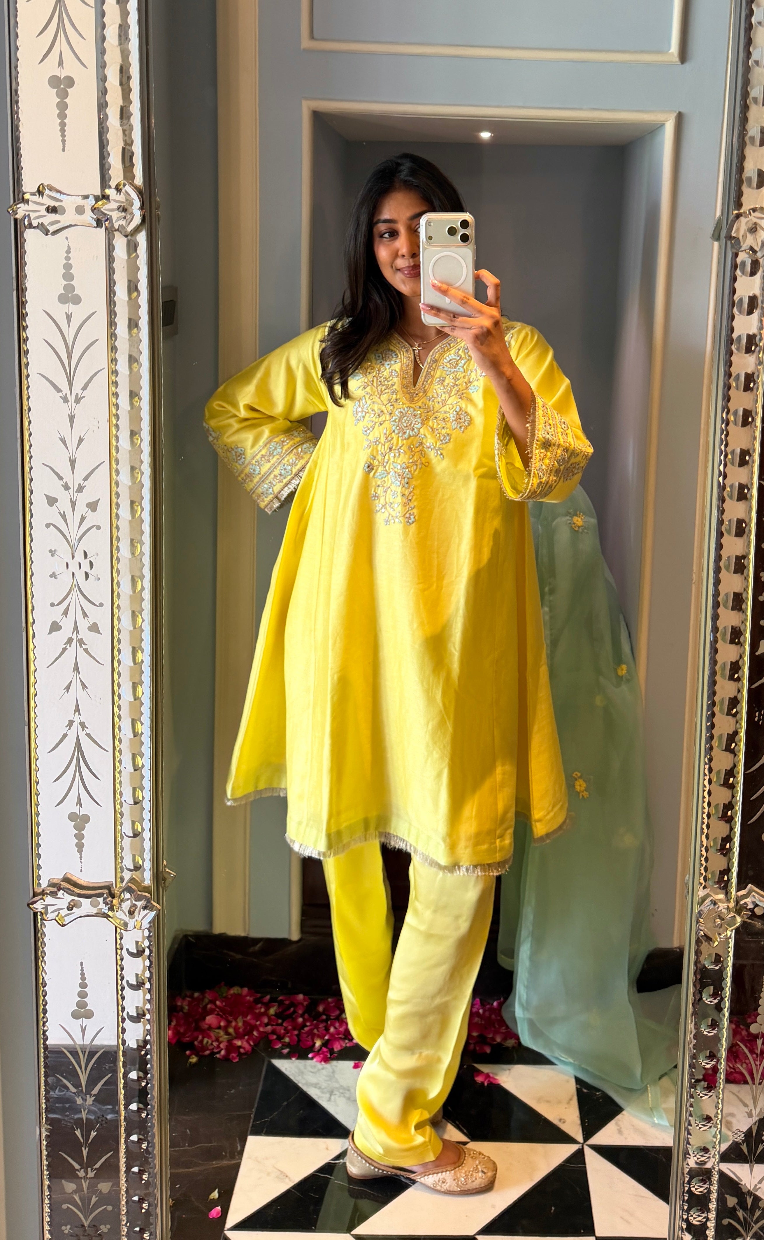 Divya Boppana in Kainat Silk Chanderi Embroidered Lime Yellow A-Line Choga Set