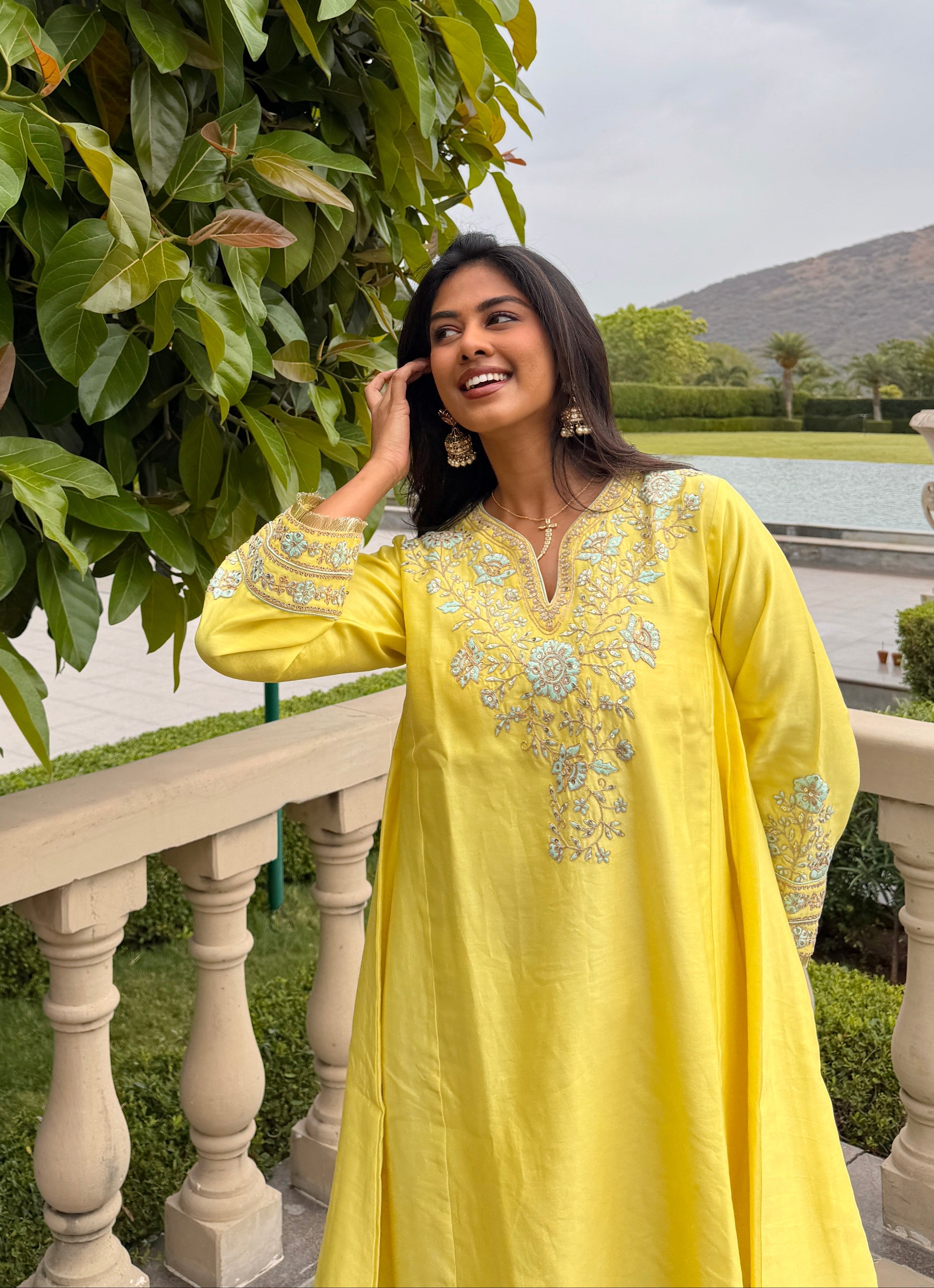 Divya Boppana in Kainat Silk Chanderi Embroidered Lime Yellow A-Line Choga Set