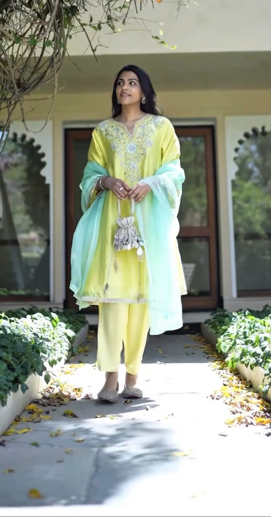 Yukta Sethi in Kainat Silk Chanderi Embroidered Lime Yellow A-Line Choga Set