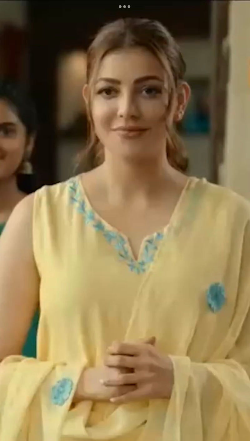 KAJAL AGGARWAL IN DUA LIGHT YELLOW SILK CHANDERI HANDCRAFTED KURTA SET