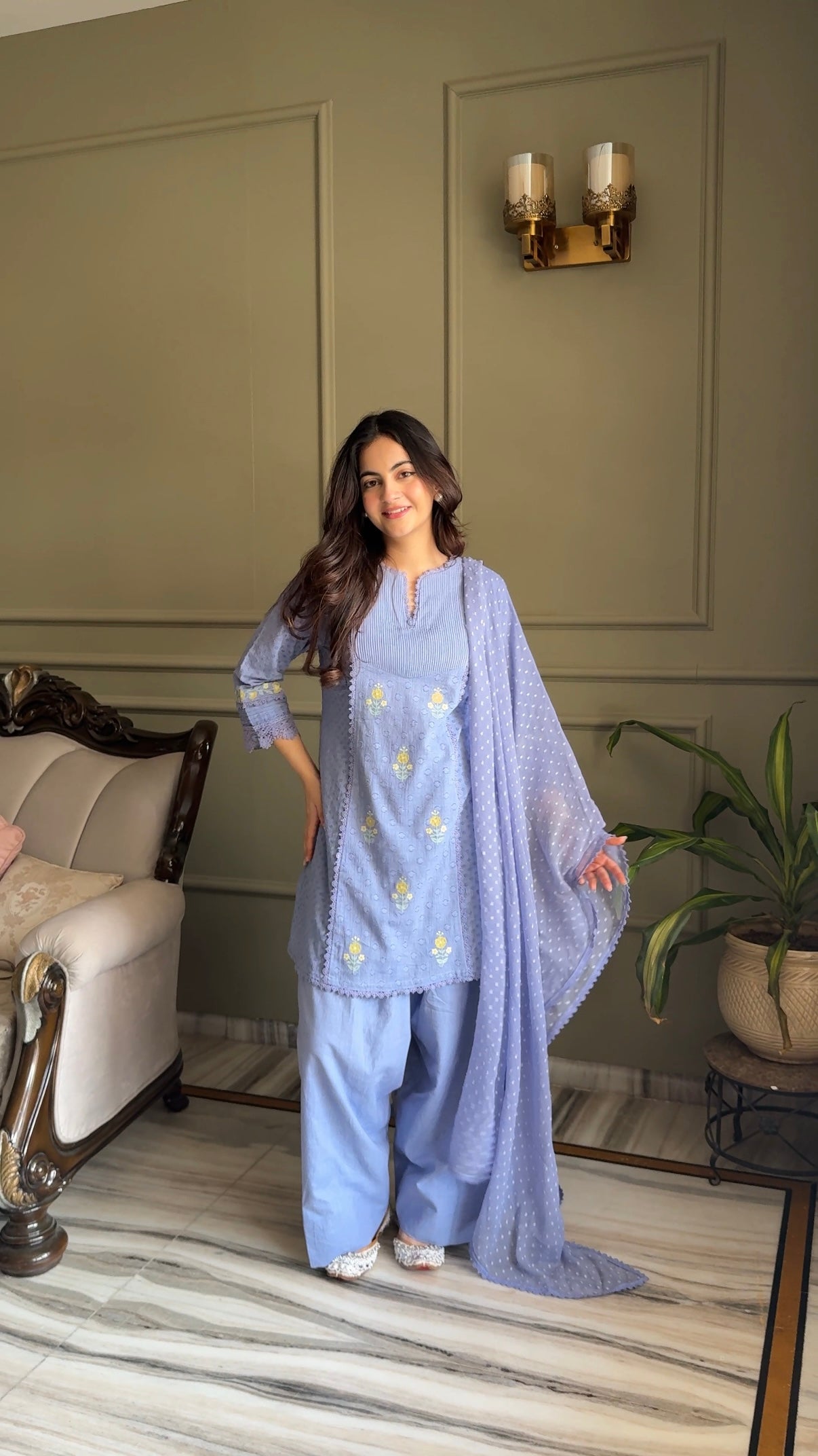 Jannat Khurana in Laila Blue Cotton Slub Jacquard Handcrafted Short Kurta Set with Aari embroidery and Farshi Salwar