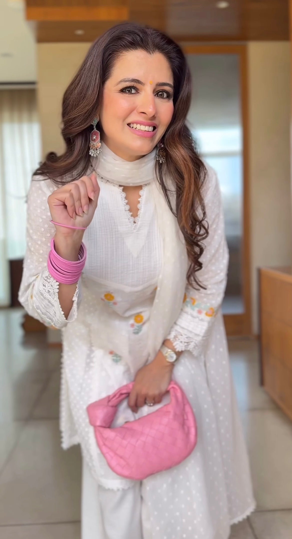 Natasha Luthra In Laila White Cotton Slub Jacquard Handcrafted Short Kurta Set with Aari embroidery and Farshi Salwar