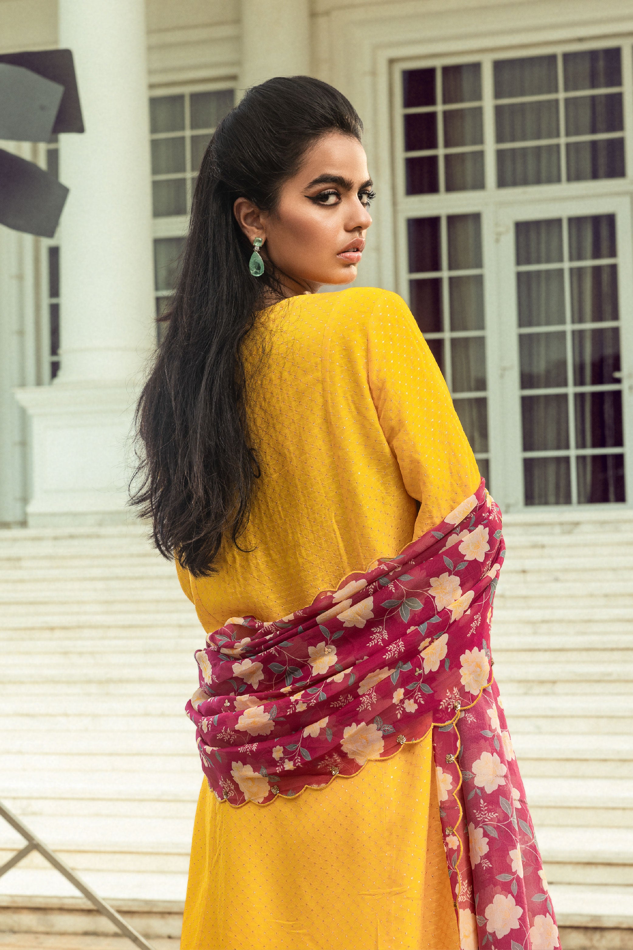 GURLEEN YELLOW JACQUARD A-LINE KURTA SET