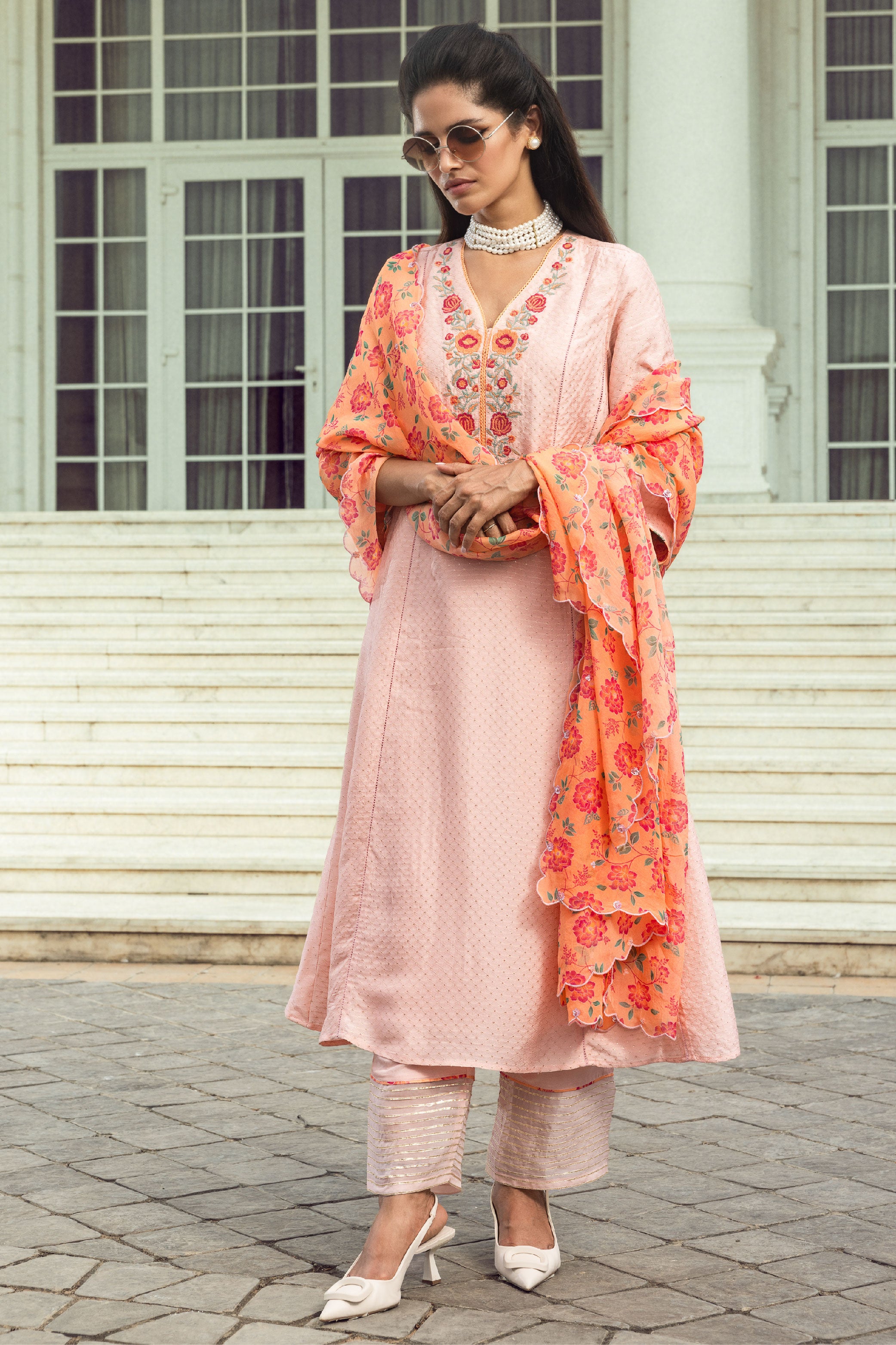 GUL PINK JACQUARD A-LINE KURTA SET