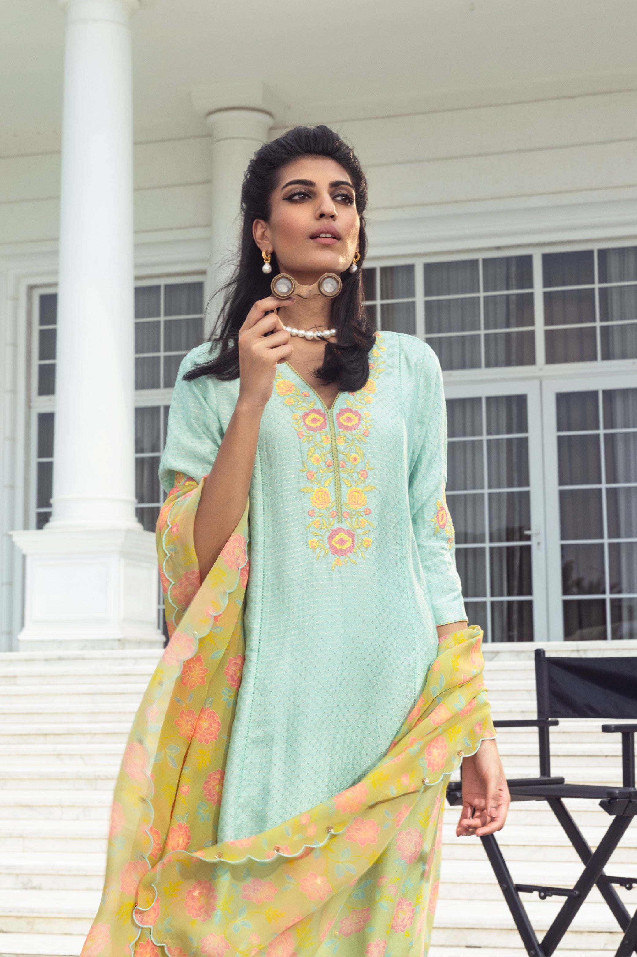 GEET BLUE JACQUARD A-LINE KURTA SET