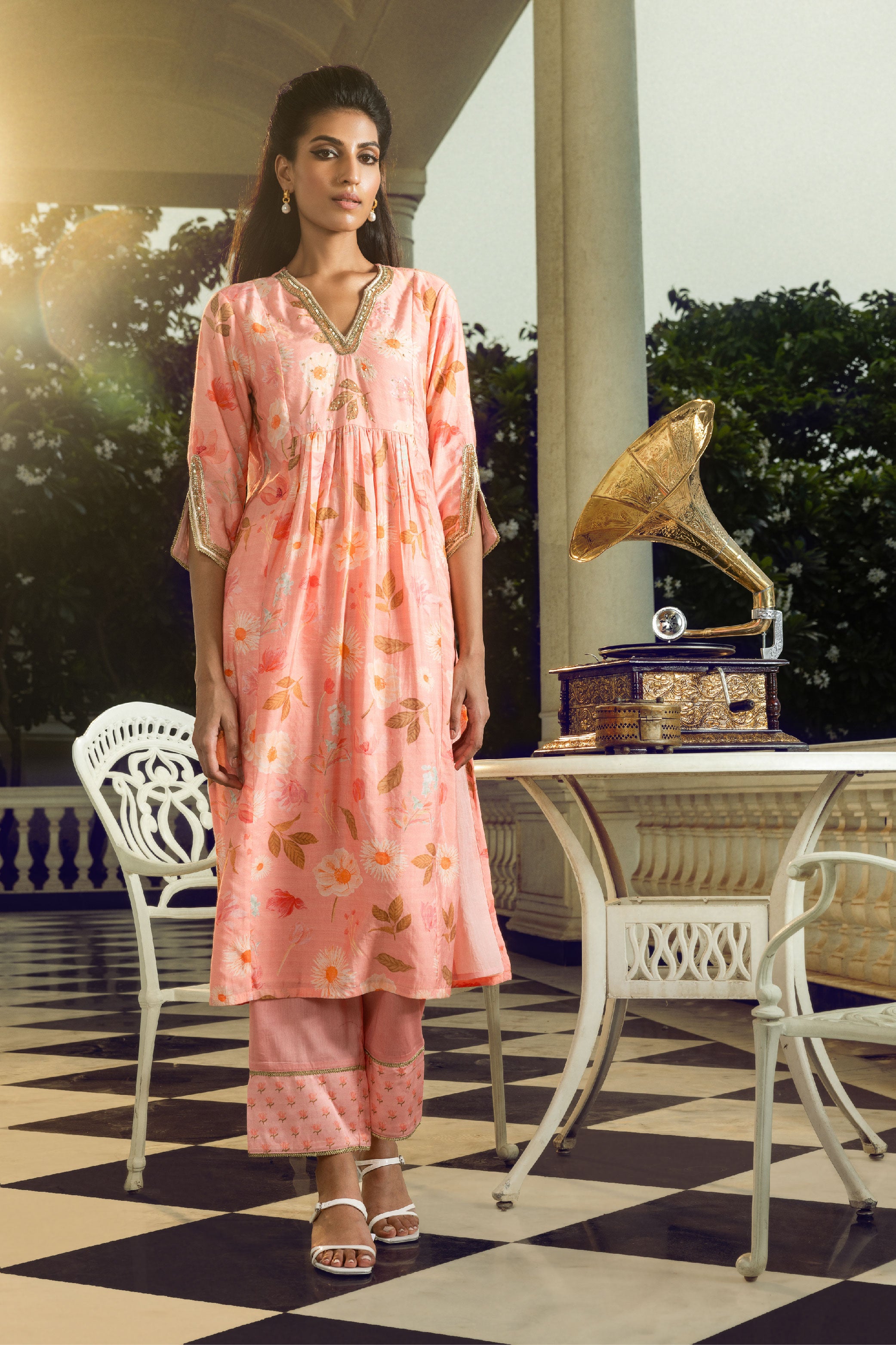 RABIA PINK FLORAL PRINTED A-LINE KURTA SET