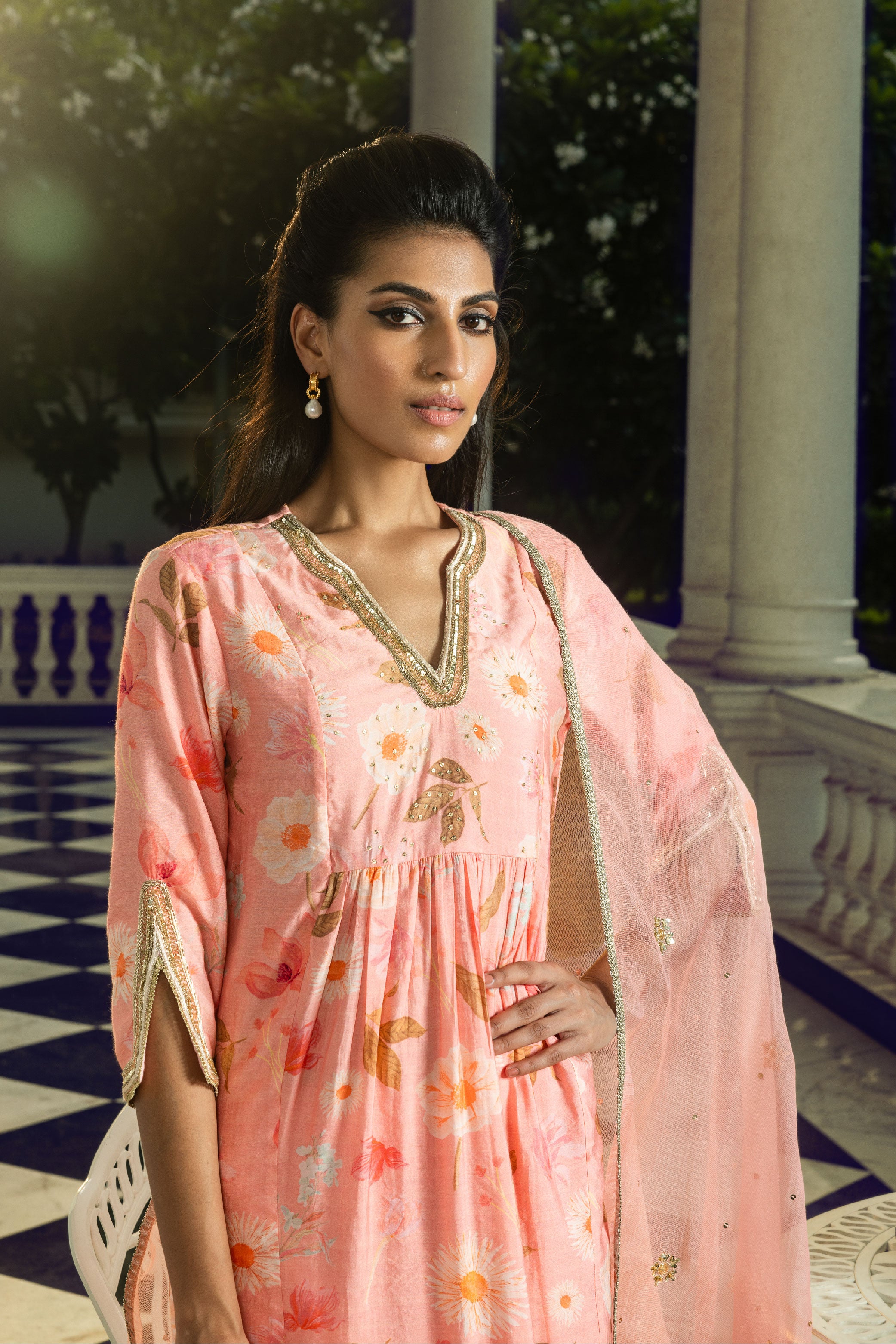 RABIA PINK FLORAL PRINTED A-LINE KURTA SET