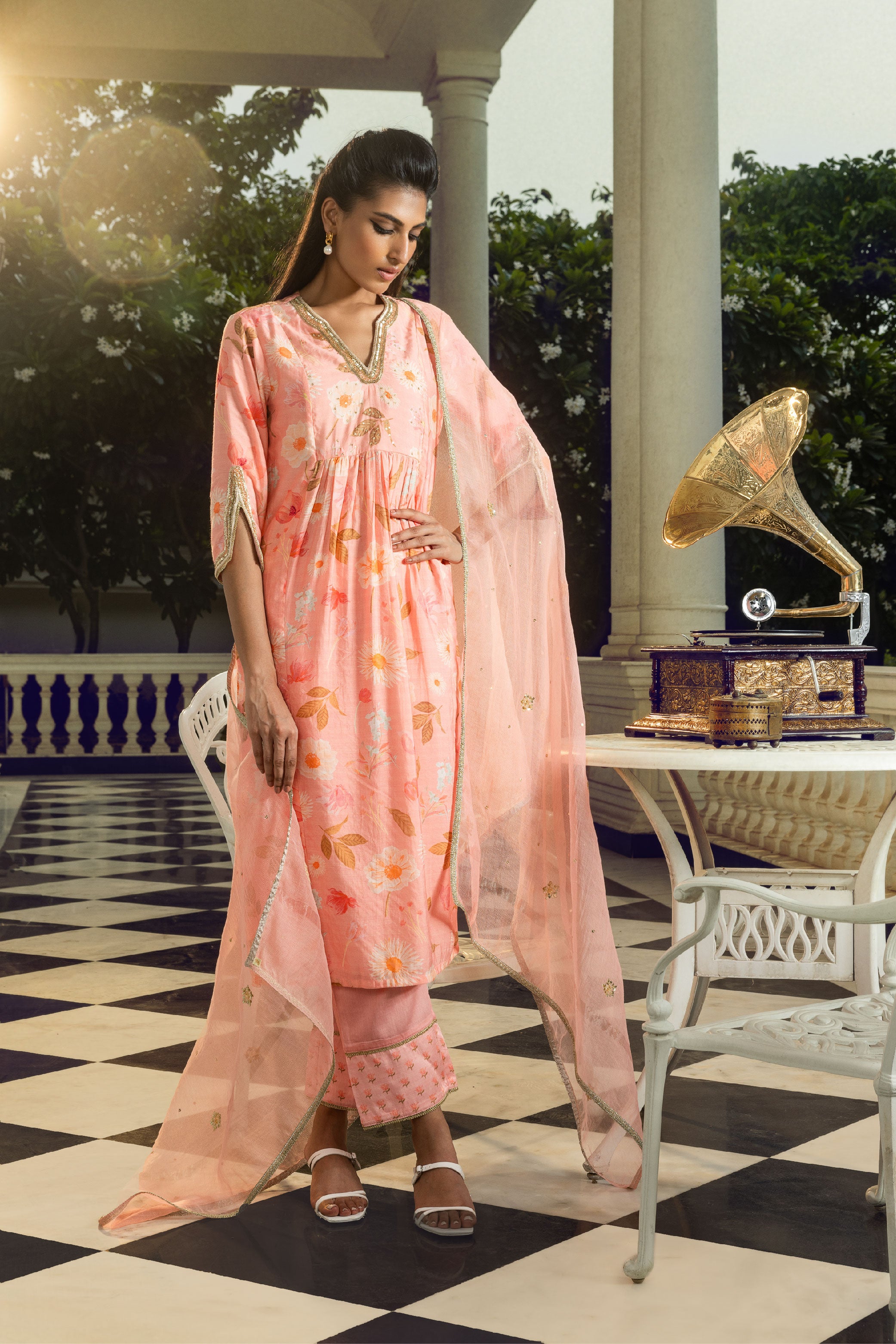 RABIA PINK FLORAL PRINTED A-LINE KURTA SET