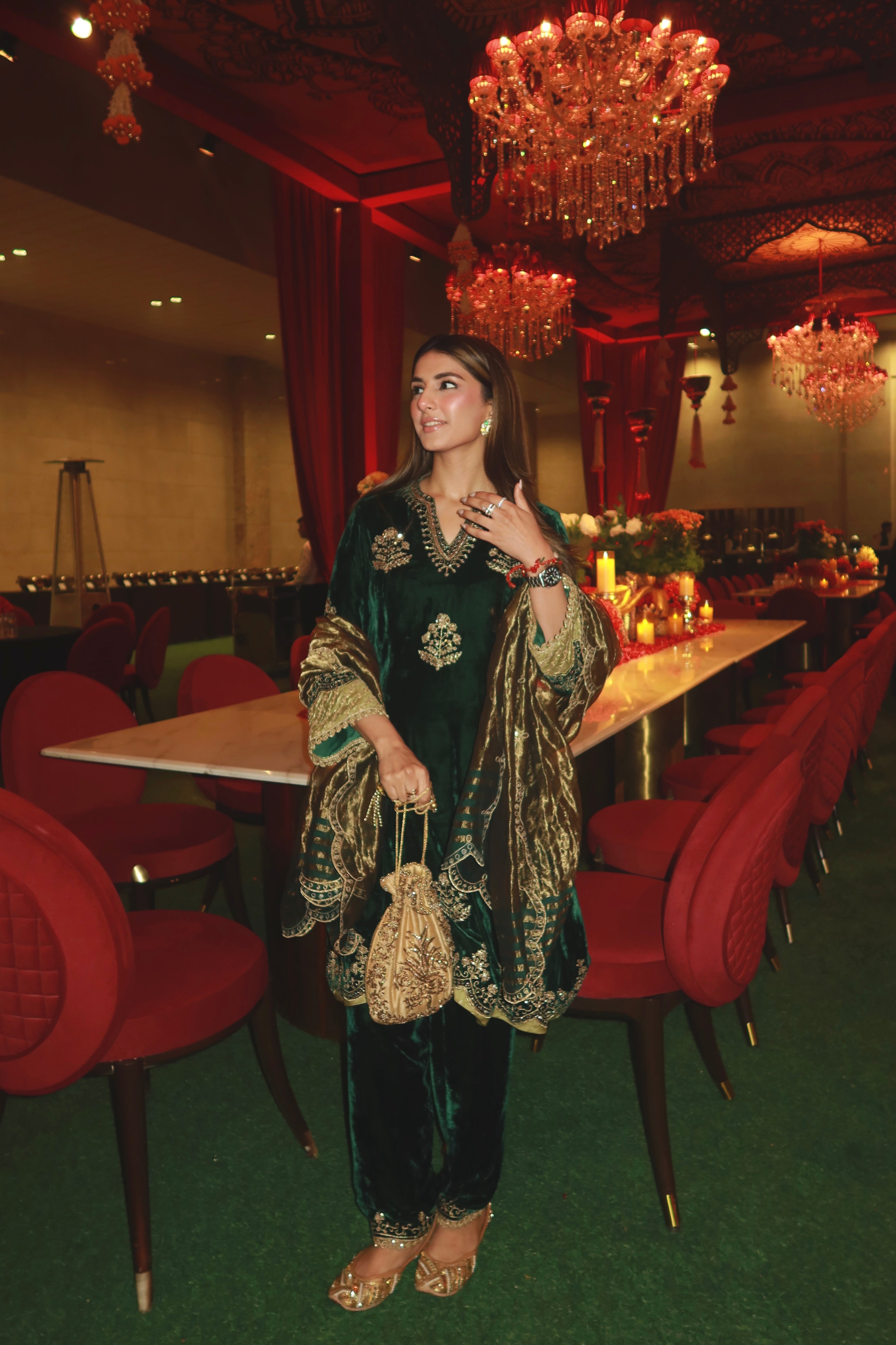 MEHER TALUJA IN Dilruba Silk Velvet Embroidered Forest Green A-Line Kurta Set