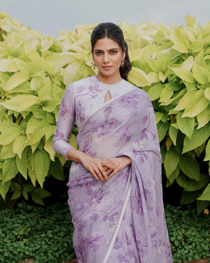 MALAVIKA MOHANAN IN AMAYA LILAC FLORAL PRINTED HANDCRAFTED ORGANZA SAREE