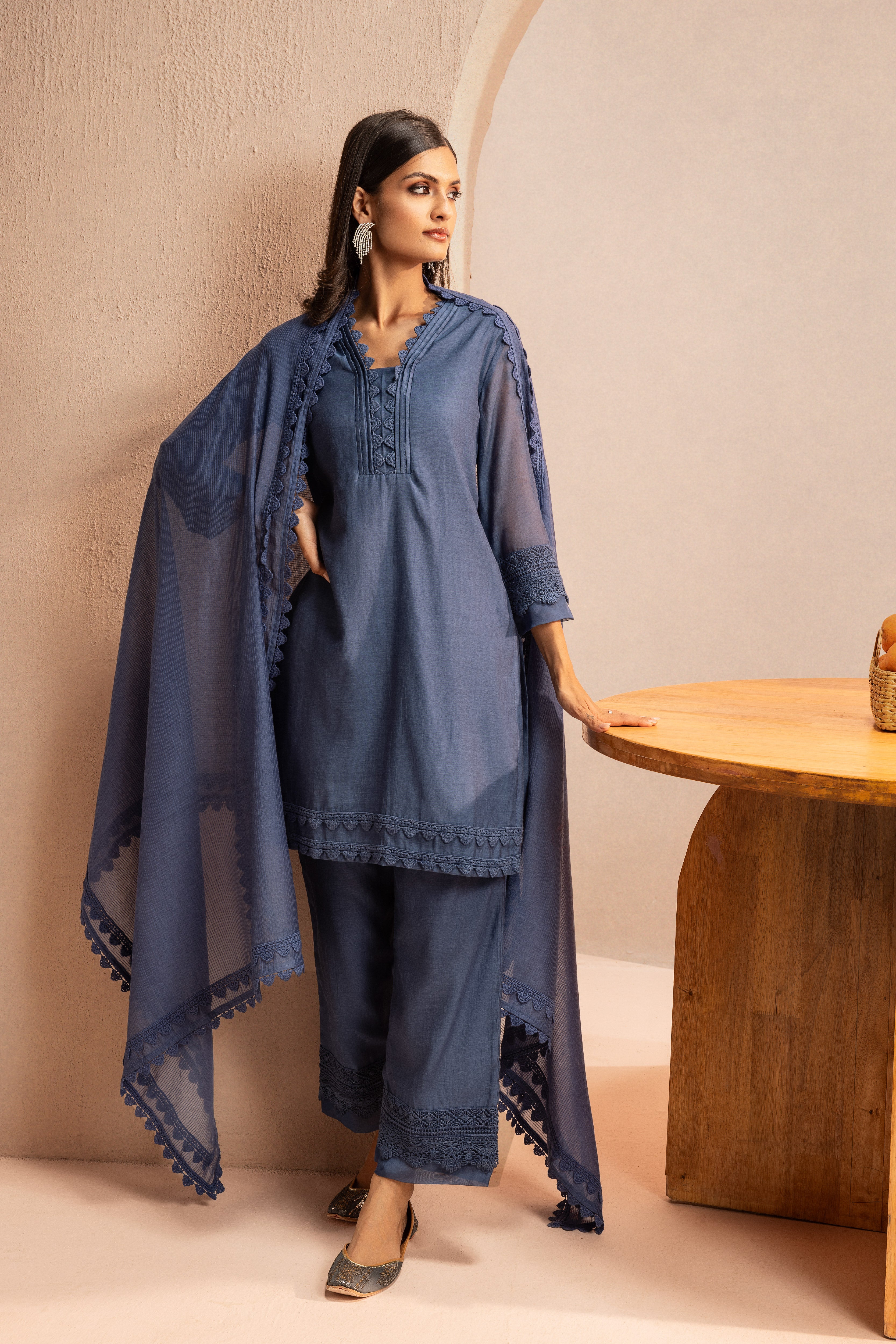 MAYA BLUE COTTON SILK CHANDERI KURTA SET