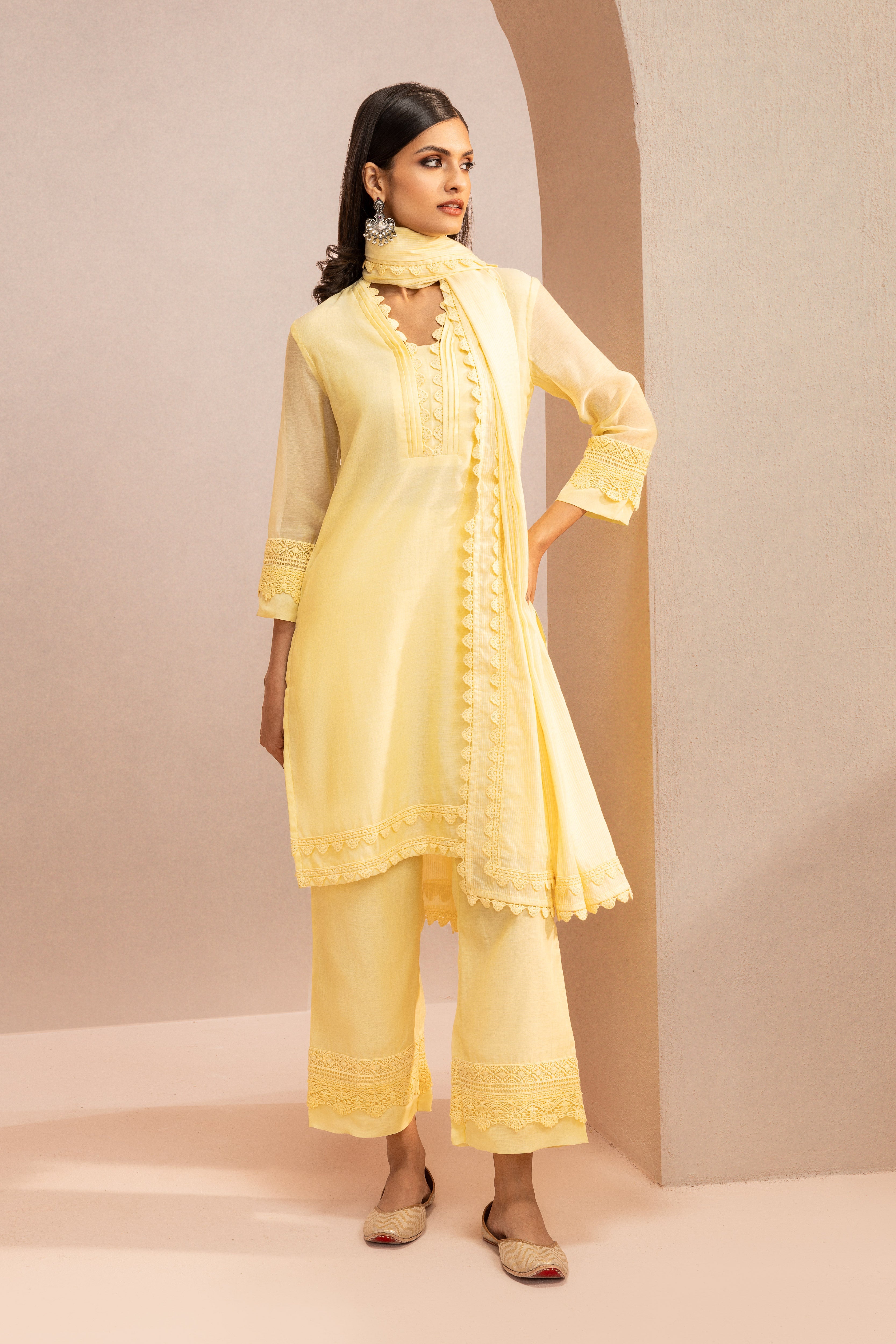 ISHA MULTANI IN MAYA YELLOW COTTON SILK CHANDERI KURTA SET