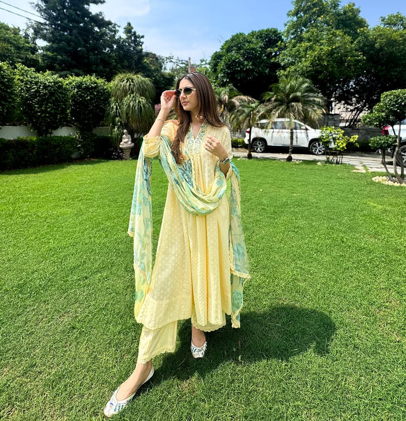 MEHAR TALUJA IN SUMANA YELLOW COTTON SLUB JACQUARD HANDCRAFTED KURTA SET