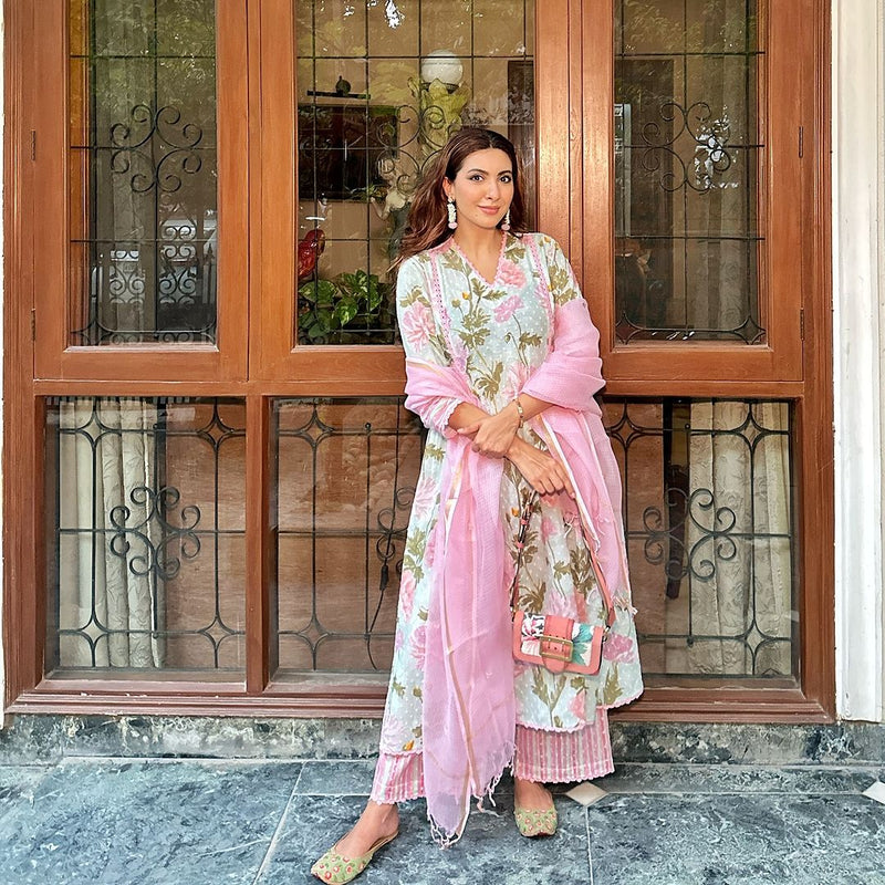 NIKI MEHRA IN HEER BLUE FLORAL PRINTED COTTON DOBBY HANDCRFATED KURTA SET