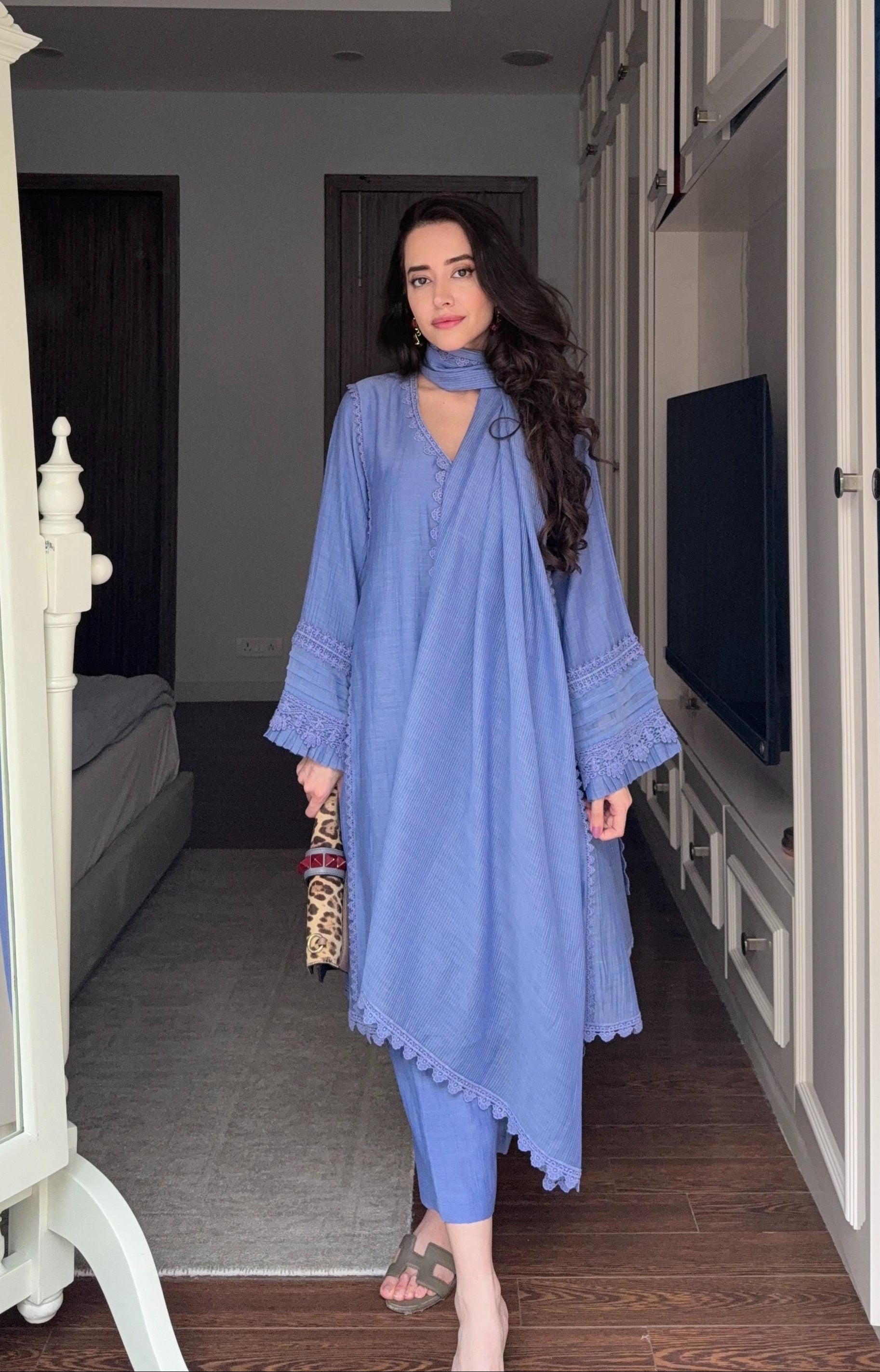 komal Kapoor in Samara Pastel Blue Cotton-Silk Chanderi Choga Set