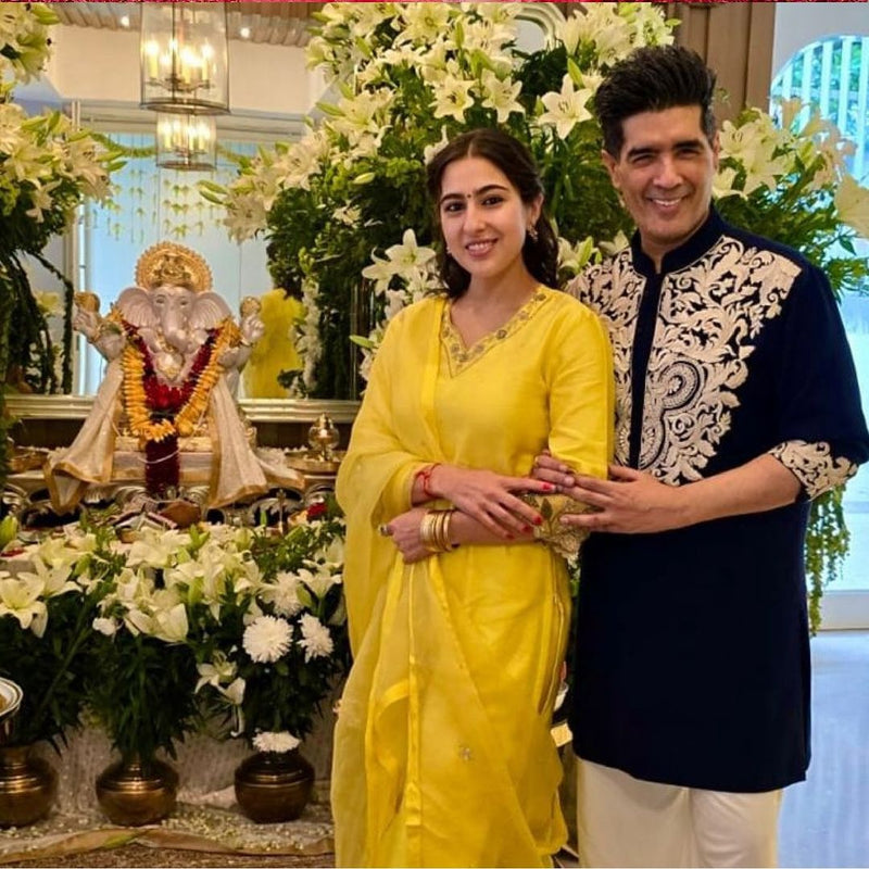 SARA ALI KHAN IN SUNHERI YELLOW SILK CHANDERI HANDCRAFTED KURTA SET