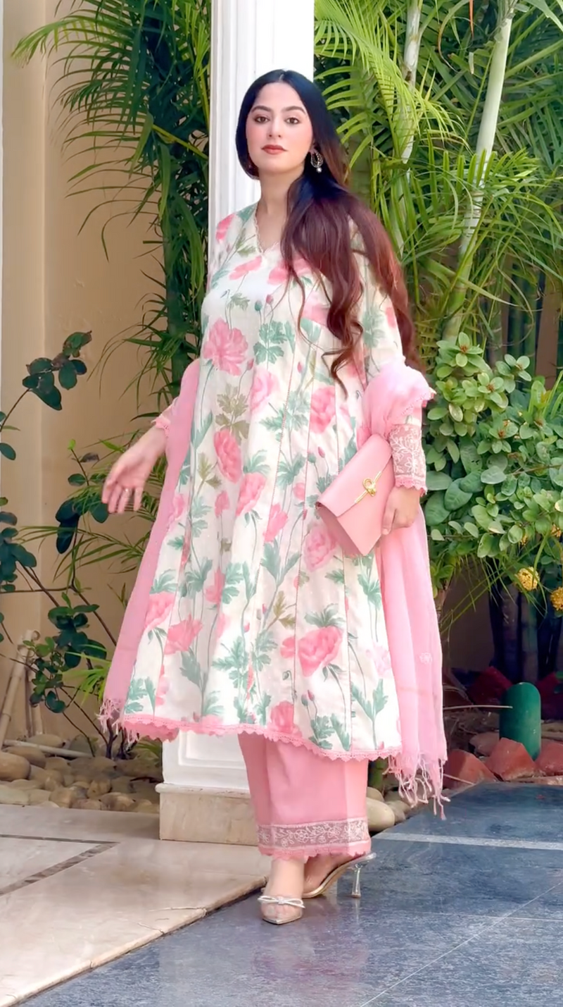 JASNOOR ANAND IN ANAYA PINK FLORAL PRINTED COTTON DOBBY KURTA SET