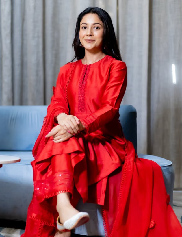 SHEHNAAZ GILL IN SANAH RED SILK CHANDERI HANDCRAFTED KURTA SET