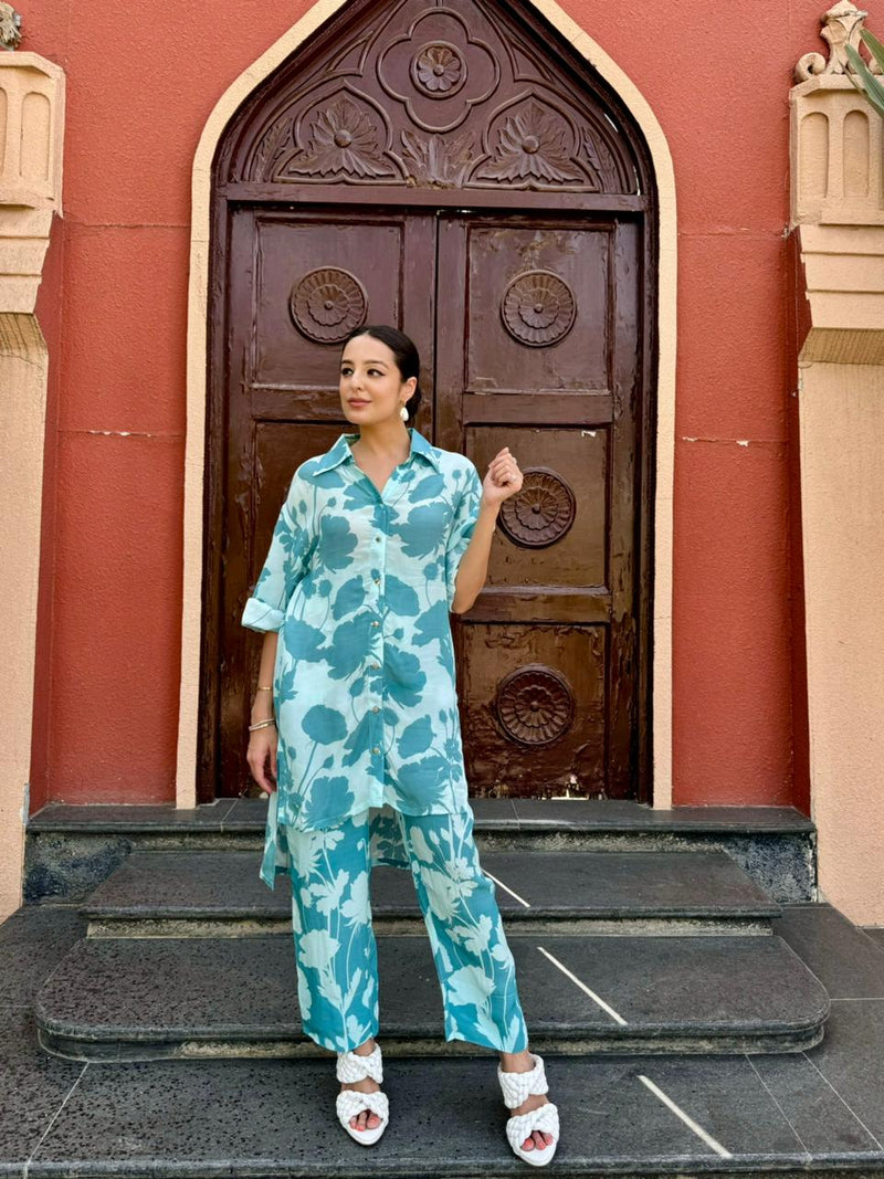 TARINI MANCHANDA IN EMILY BLUE FLORAL PRINTED CREPE COORD SET