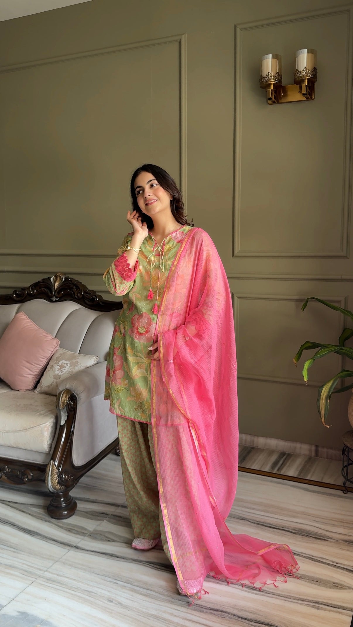 Jannat Khurana in Vanya Green & Pink Cotton Printed Short Kurta Set with Farshi Salwar