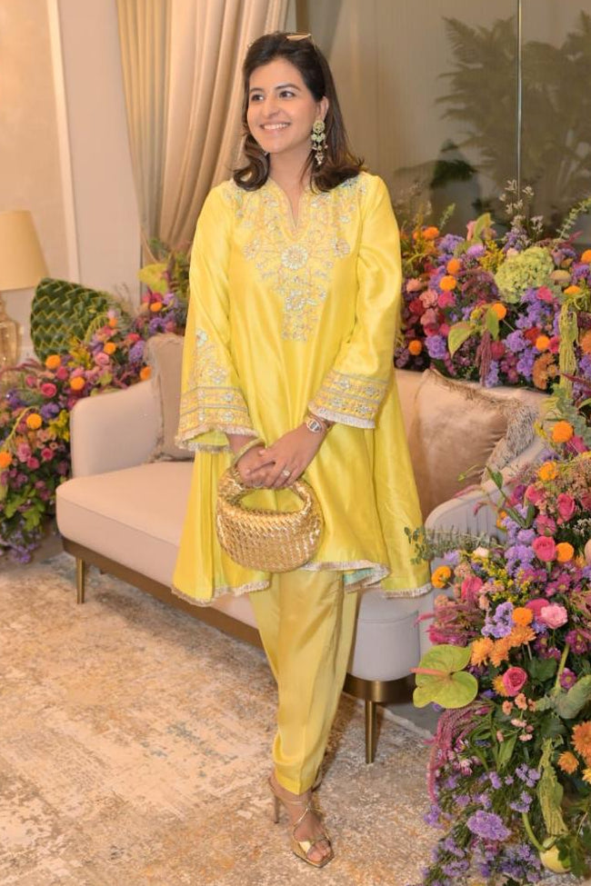 Kainat Silk Chanderi Embroidered Lime Yellow A-Line Choga Set (READY TO SHIP)