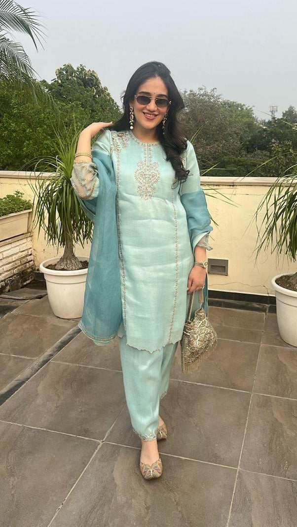 Nurah Tissue Embroidered Light Blue A-Line Kurta Set