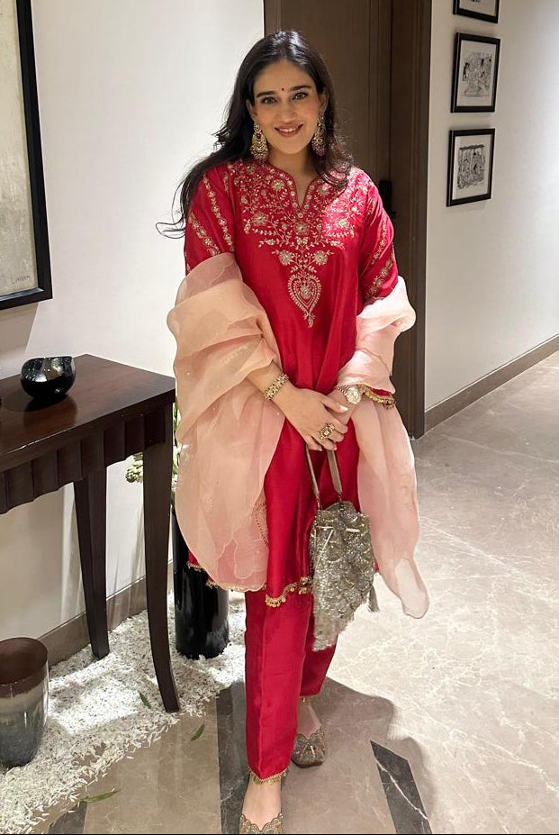 Sitarah Silk Chanderi Embroidered Ruby A-Line Choga Set (Ready To Ship)