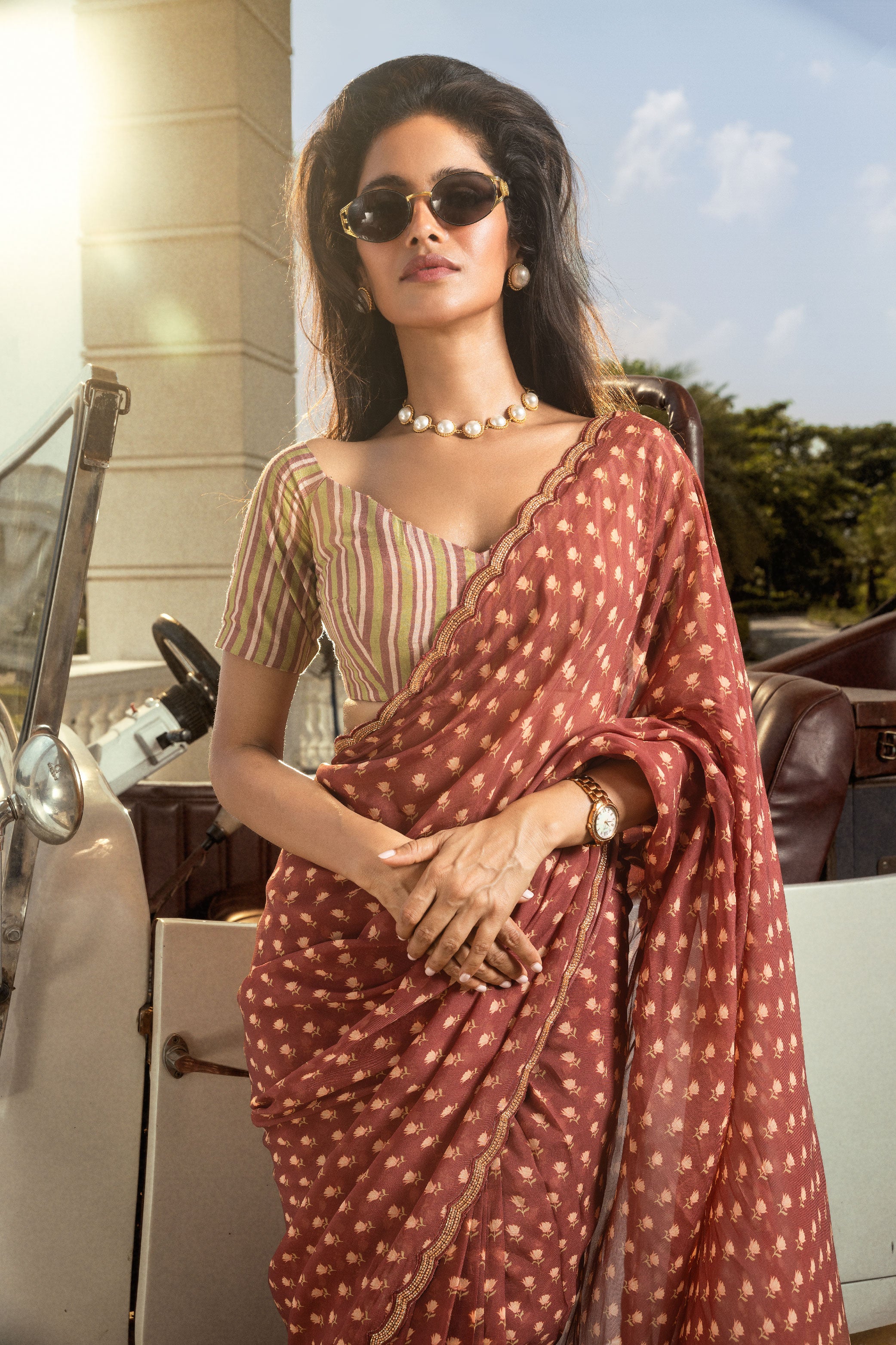 ADAH MAROON FLORAL PRINTED ORGANZA SAREE