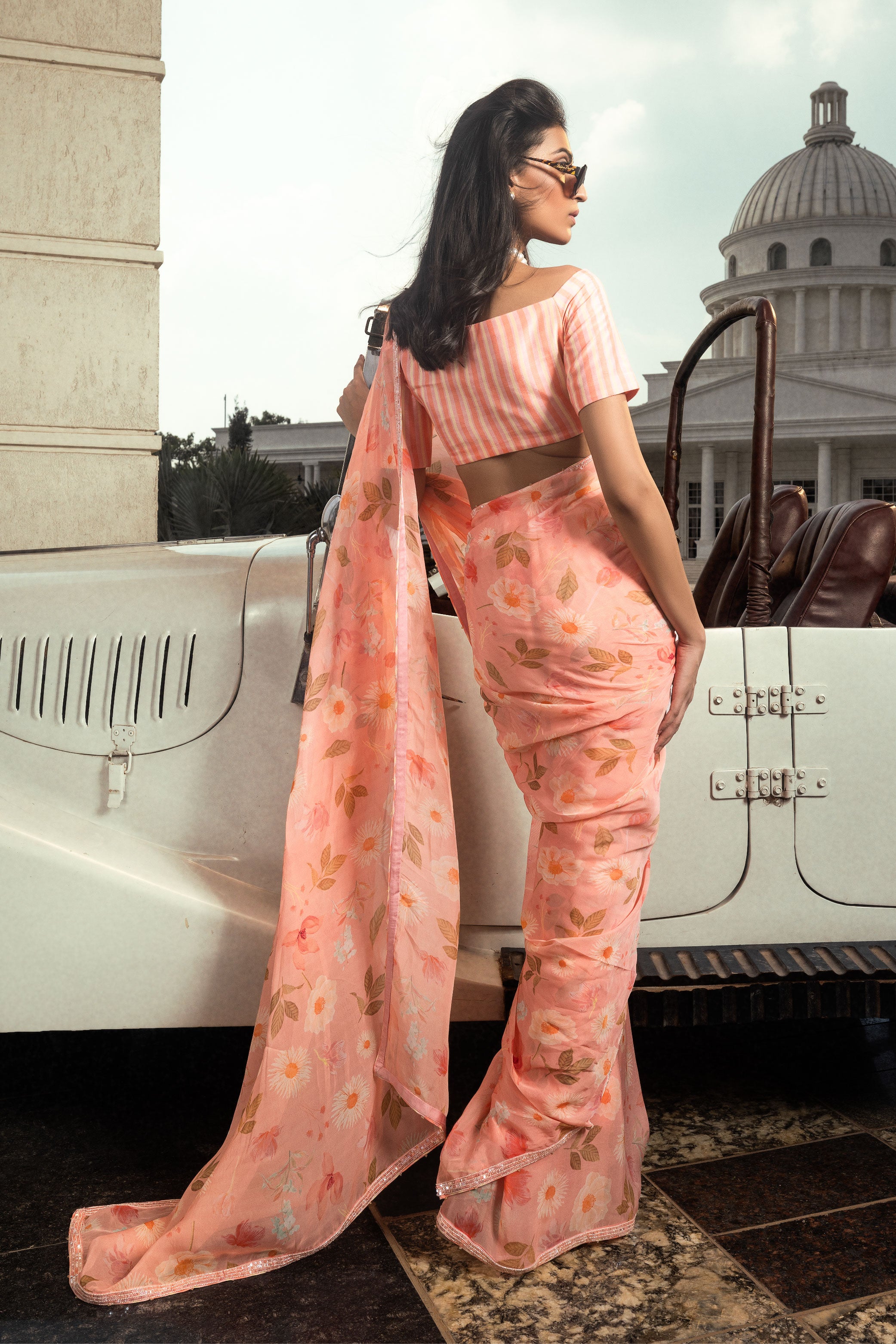 AMEERA PINK FLORAL PRINTED ORGANZA SAREE