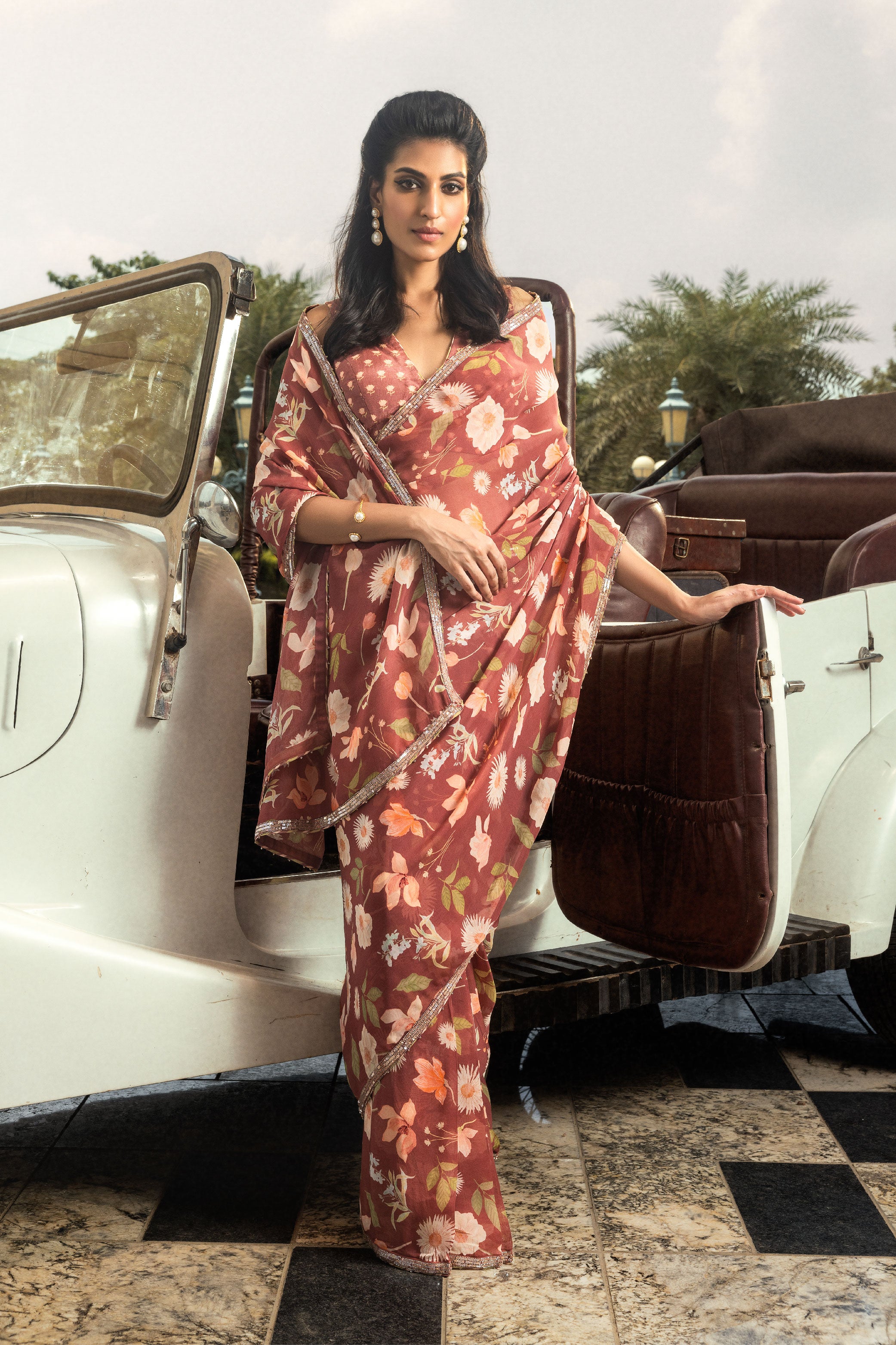 ANCHAL BRICK RED FLORAL PRINTED ORGANZA SAREE