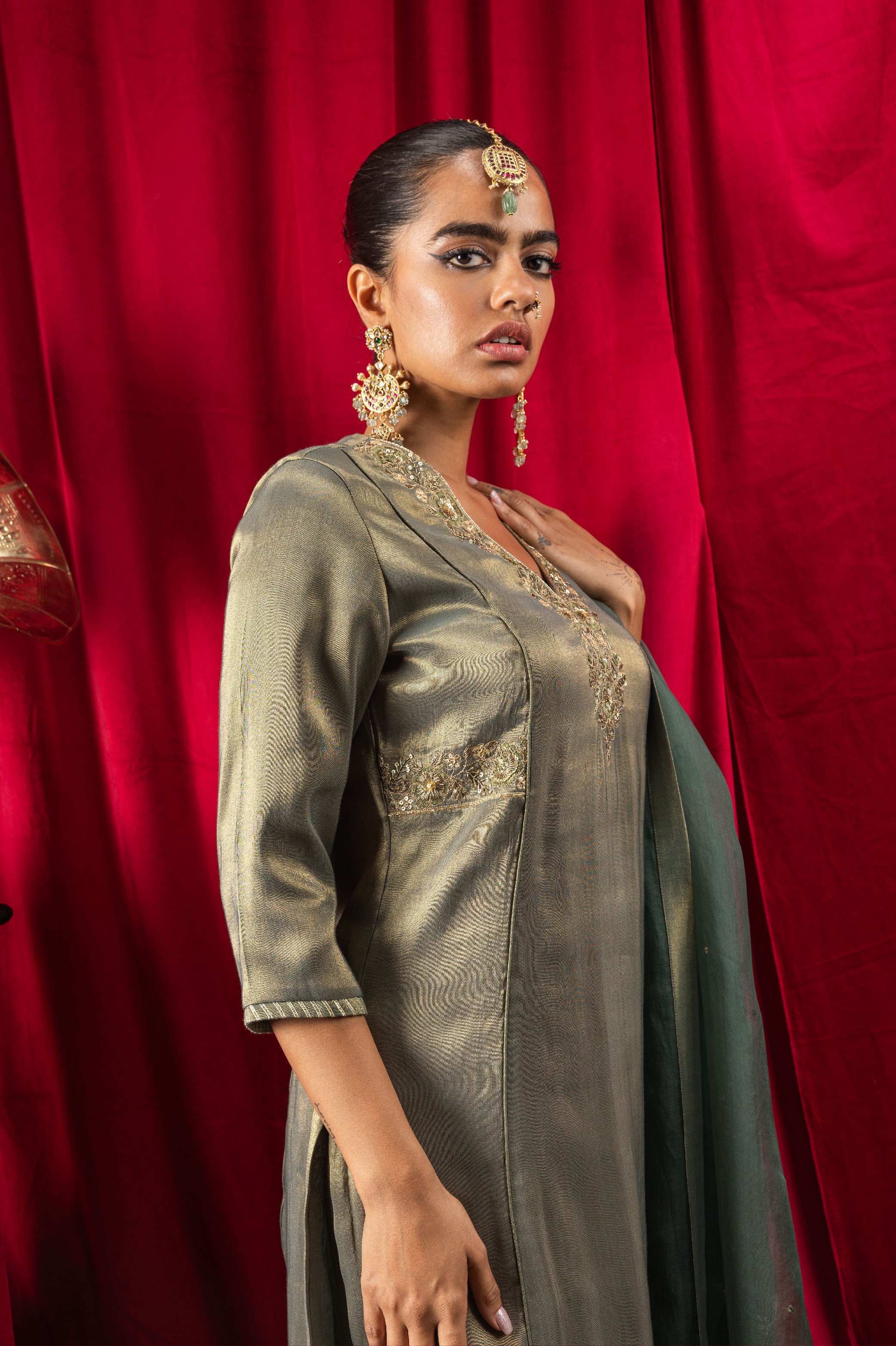 SUHANI DARK GREEN TISSUE KURTA SET