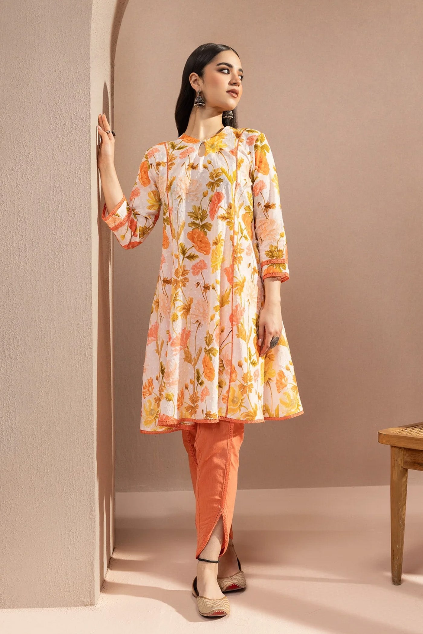 ZAHUR ORANGE FLORAL PRINTED COTTON DOBBY KURTA SET