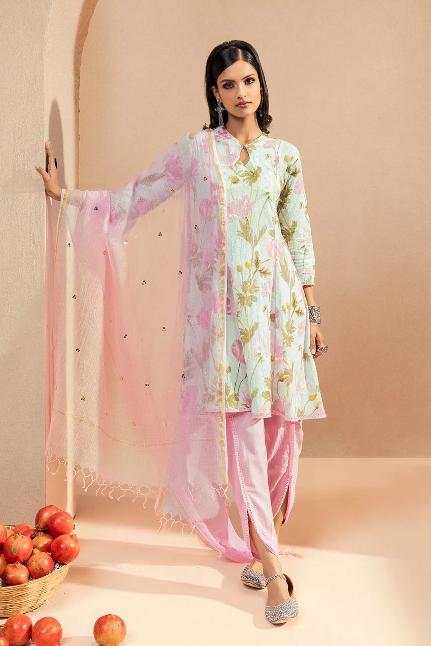 ZAHUR BLUE FLORAL PRINTED COTTON DOBBY KURTA SET