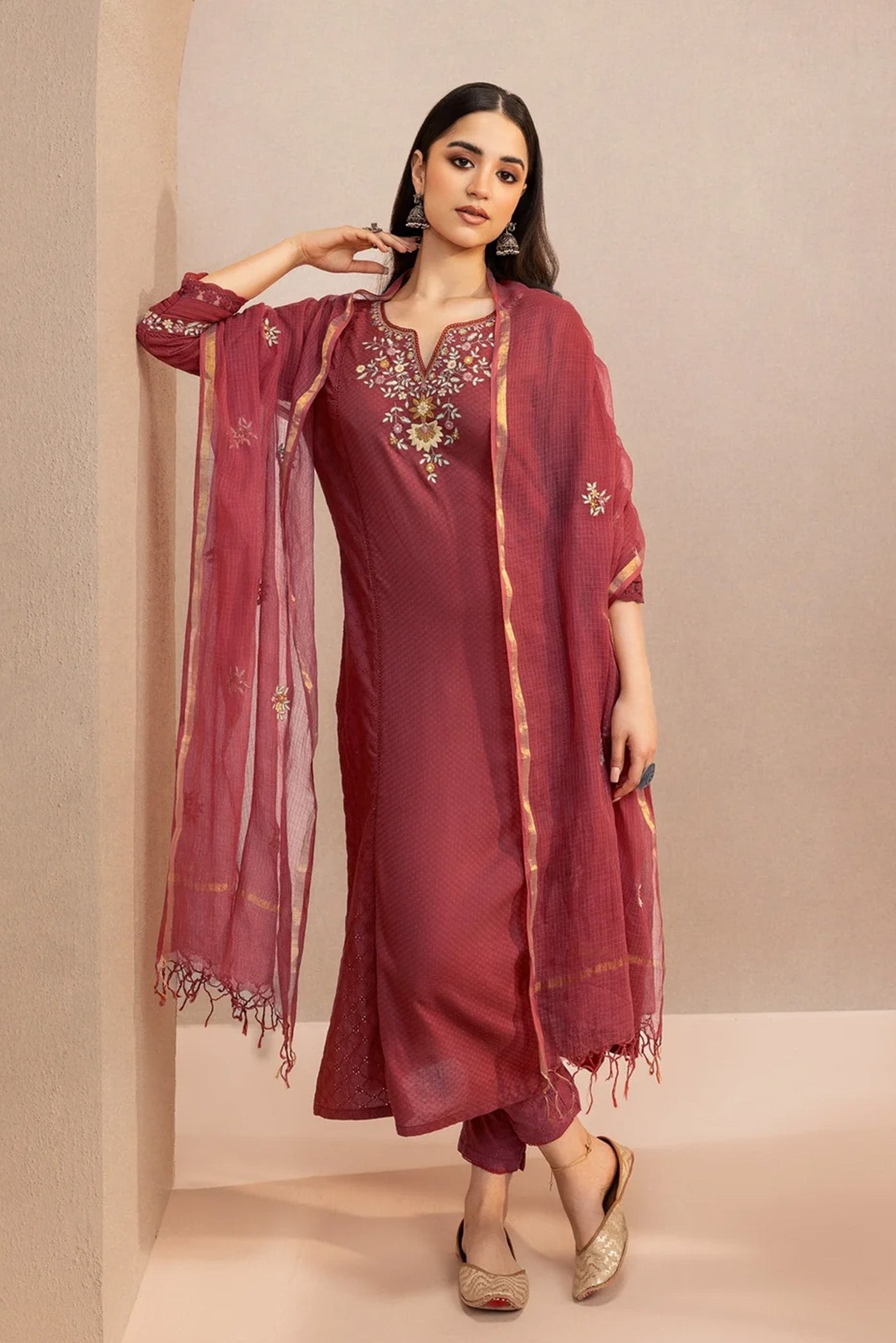 JASMINE RED SCHIFFLI EMBROIDERED COTTON DOBBY KURTA SET