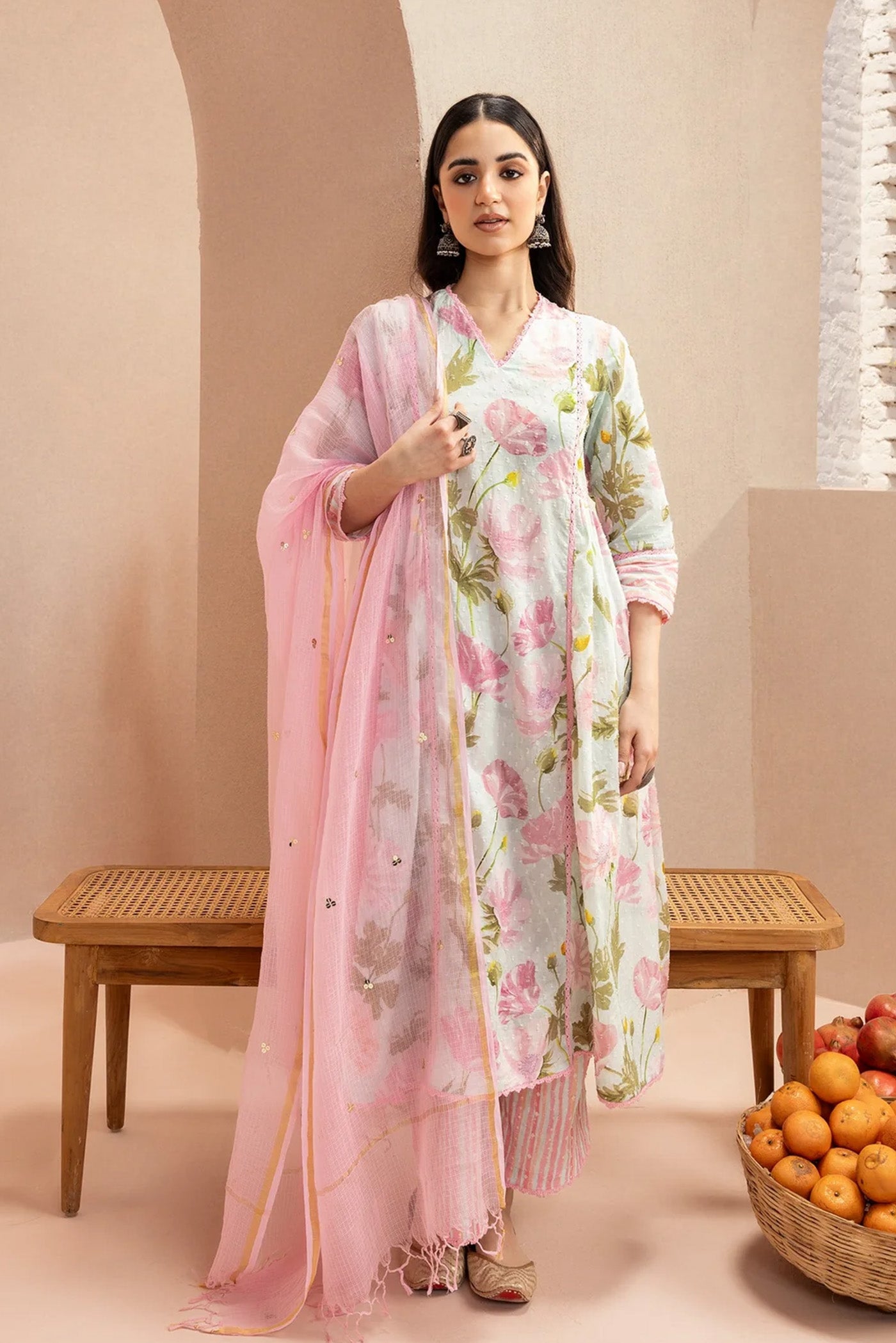 HEER BLUE FLORAL PRINTED COTTON DOBBY KURTA SET