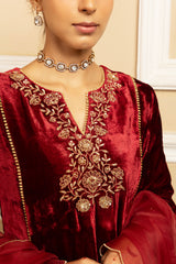 NOORANI RED SILK VELVET KURTA SET