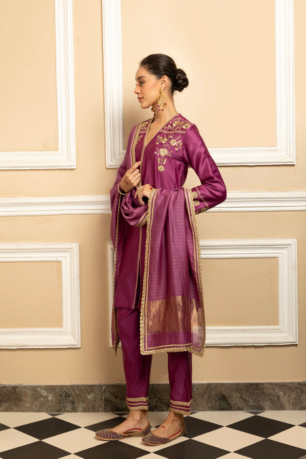 ZAHRA PURPLE SILK CHANDERI KURTA SET