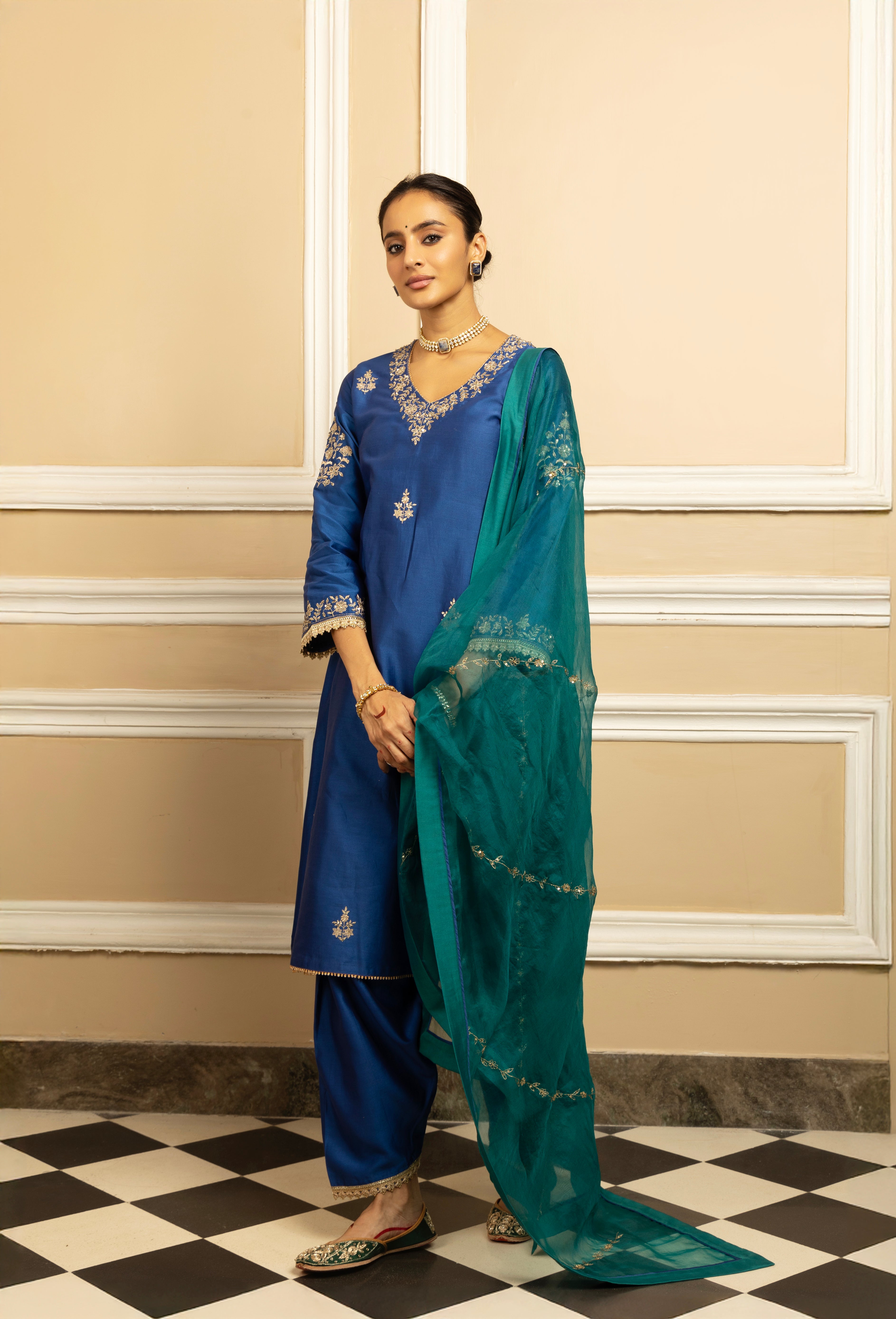 NAAZ BLUE SILK CHANDERI KURTA SET