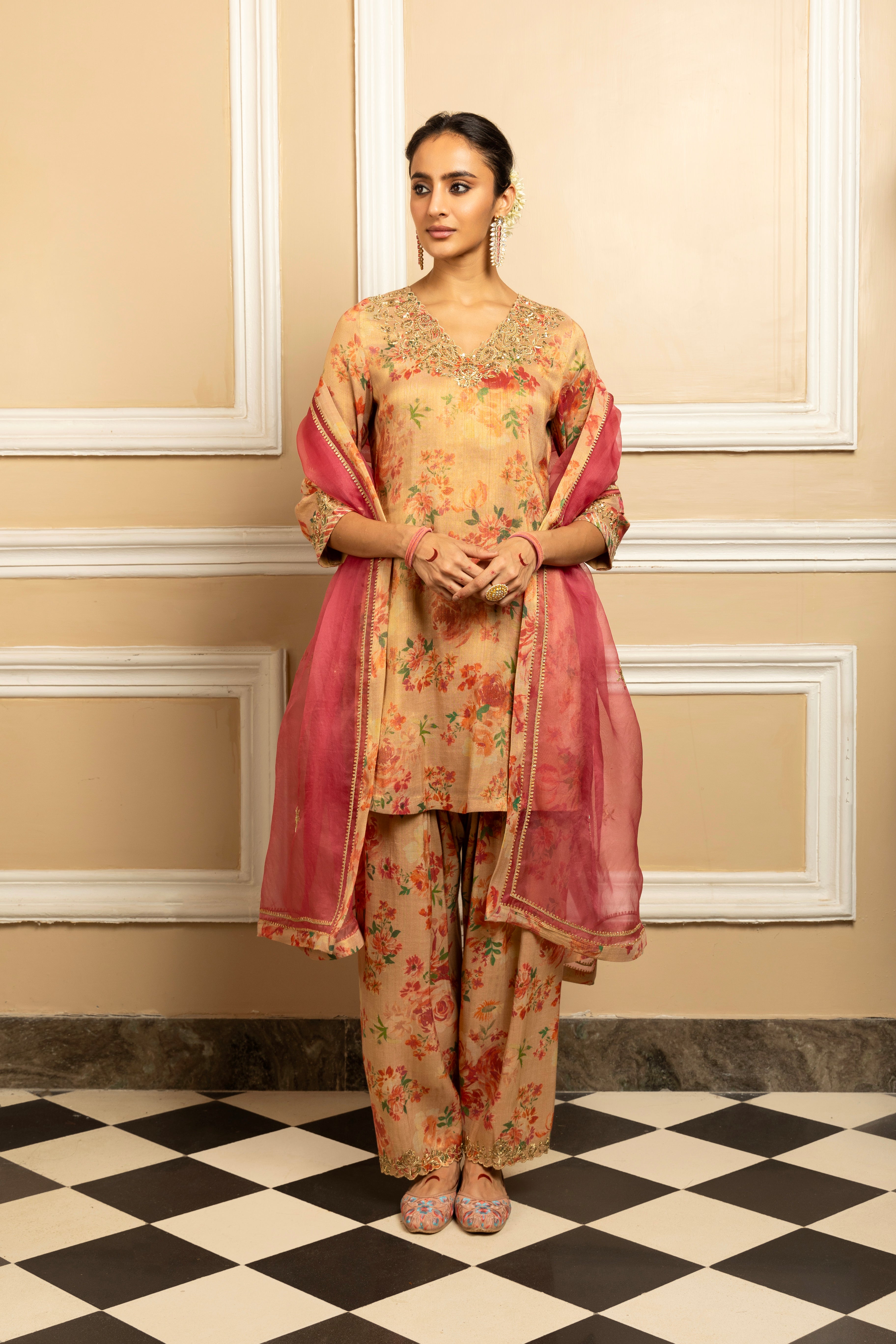 GULBAHAR BEIGE FLORAL PRINTED TISSUE KURTA SET