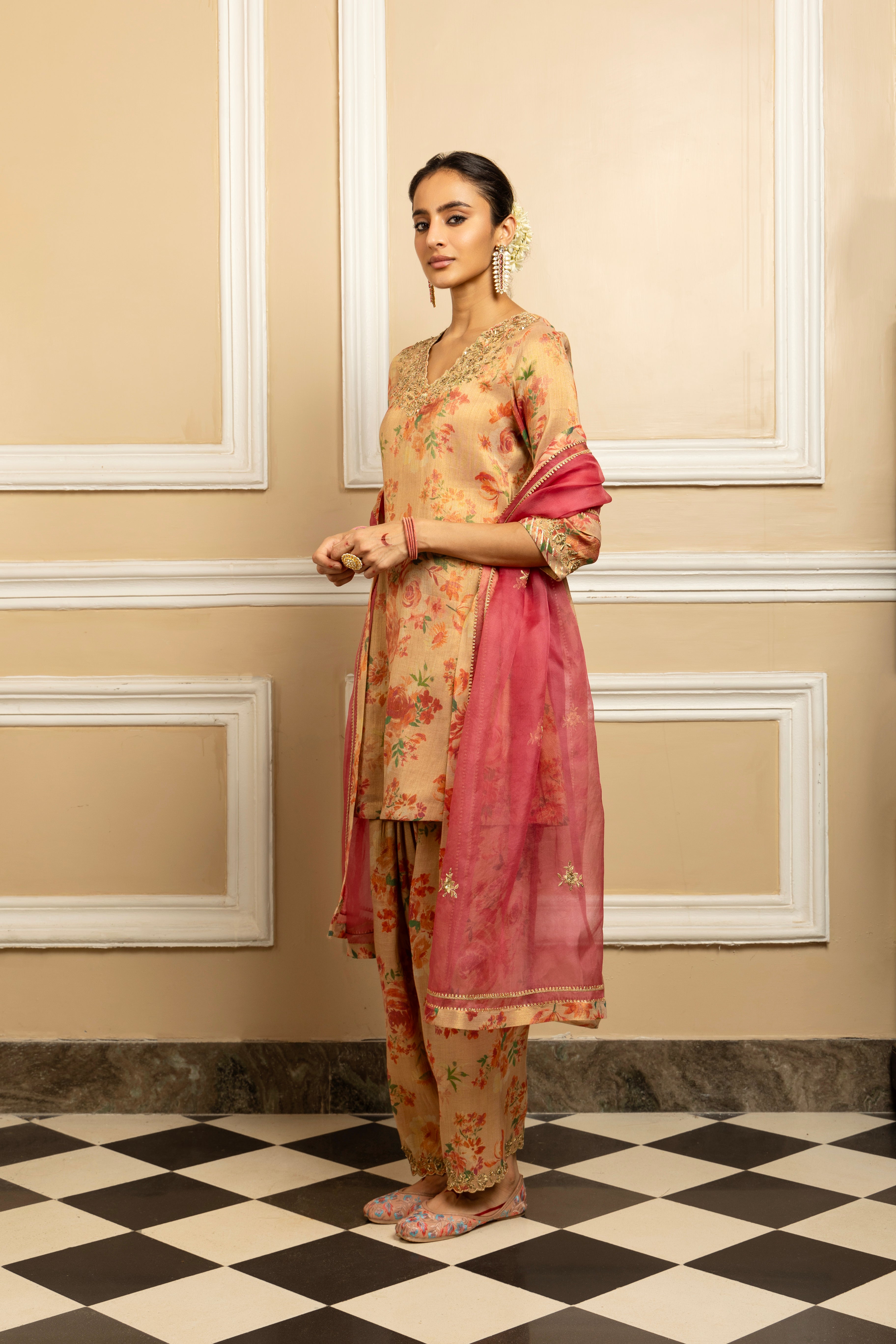 GULBAHAR BEIGE FLORAL PRINTED TISSUE KURTA SET