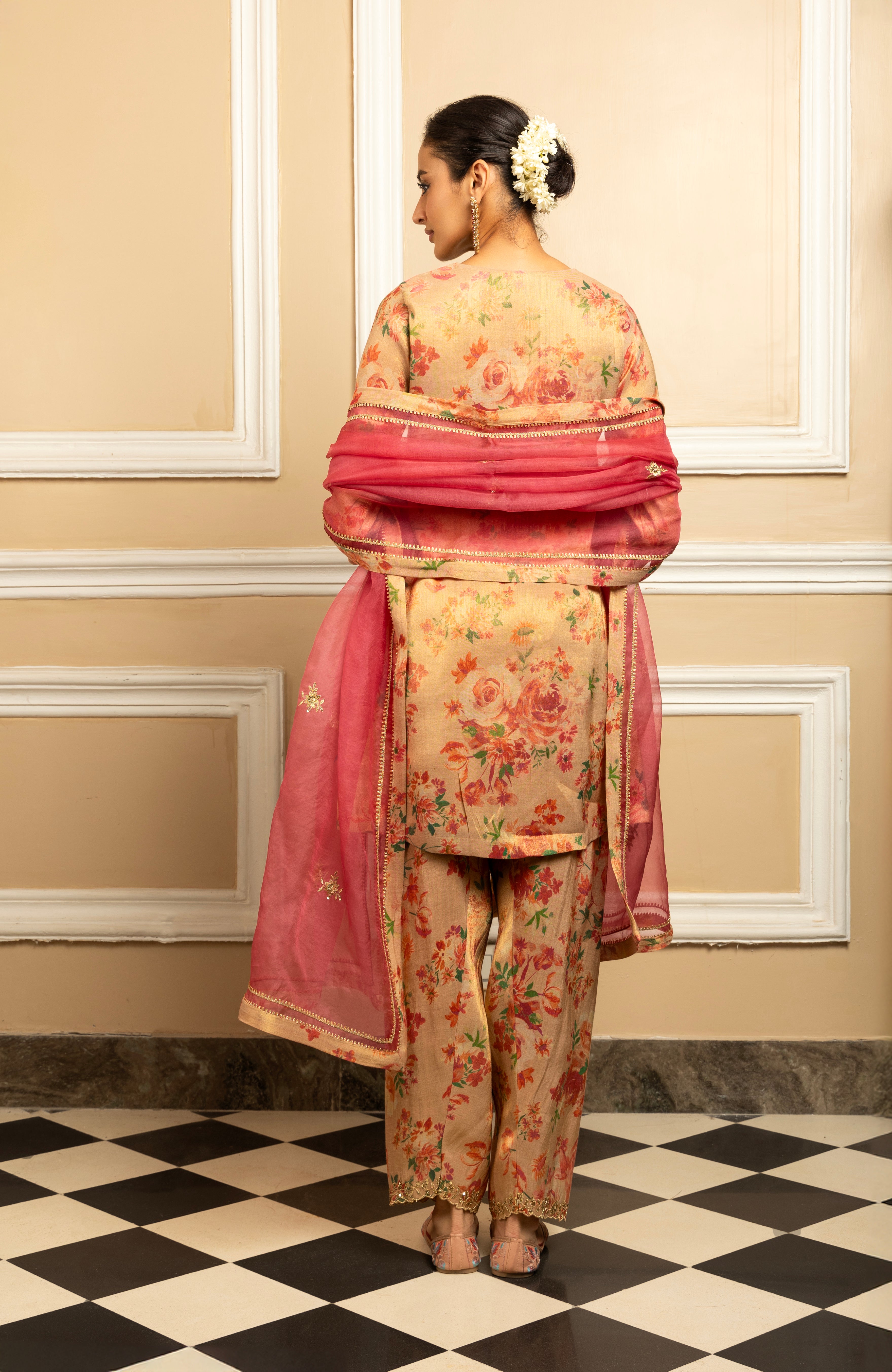 GULBAHAR BEIGE FLORAL PRINTED TISSUE KURTA SET