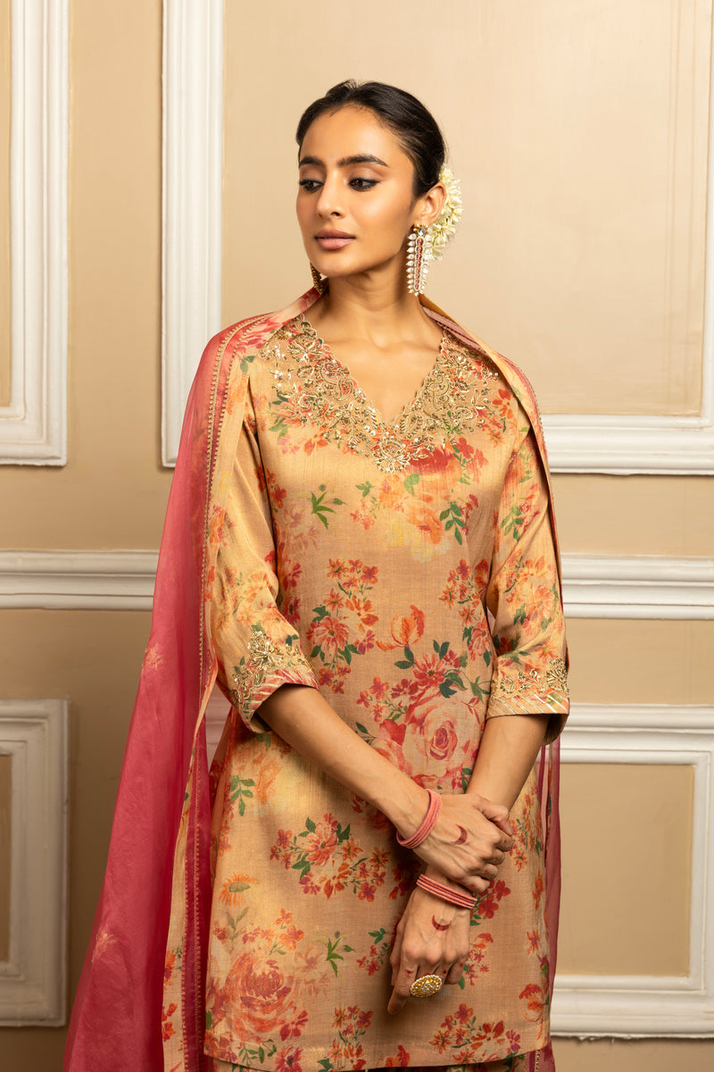 GULBAHAR BEIGE FLORAL PRINTED TISSUE KURTA SET