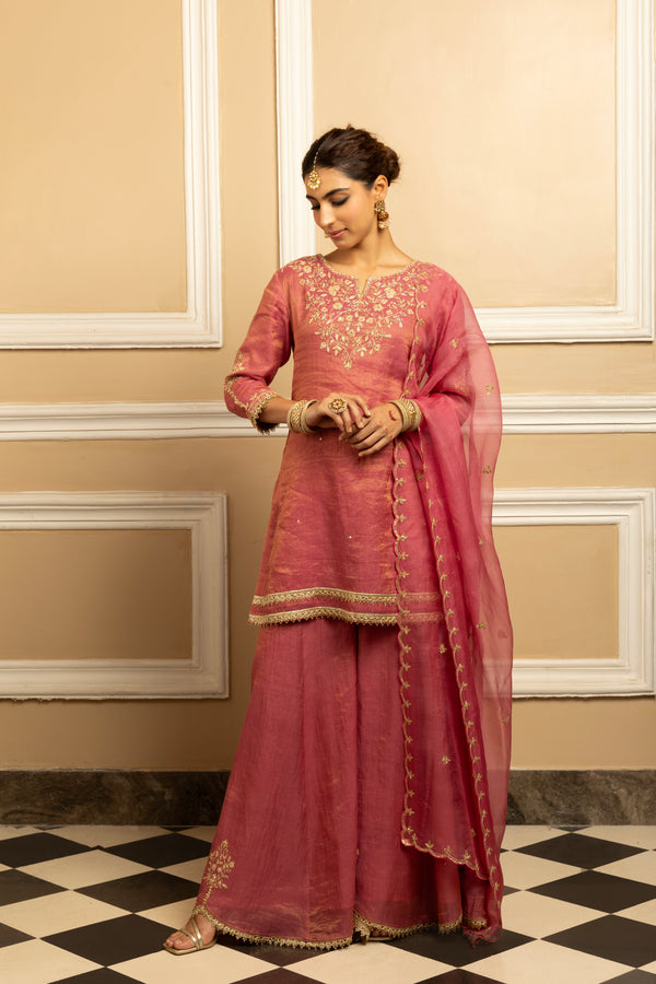 NOOR PINK TISSUE CHANDERI SHARARA SET