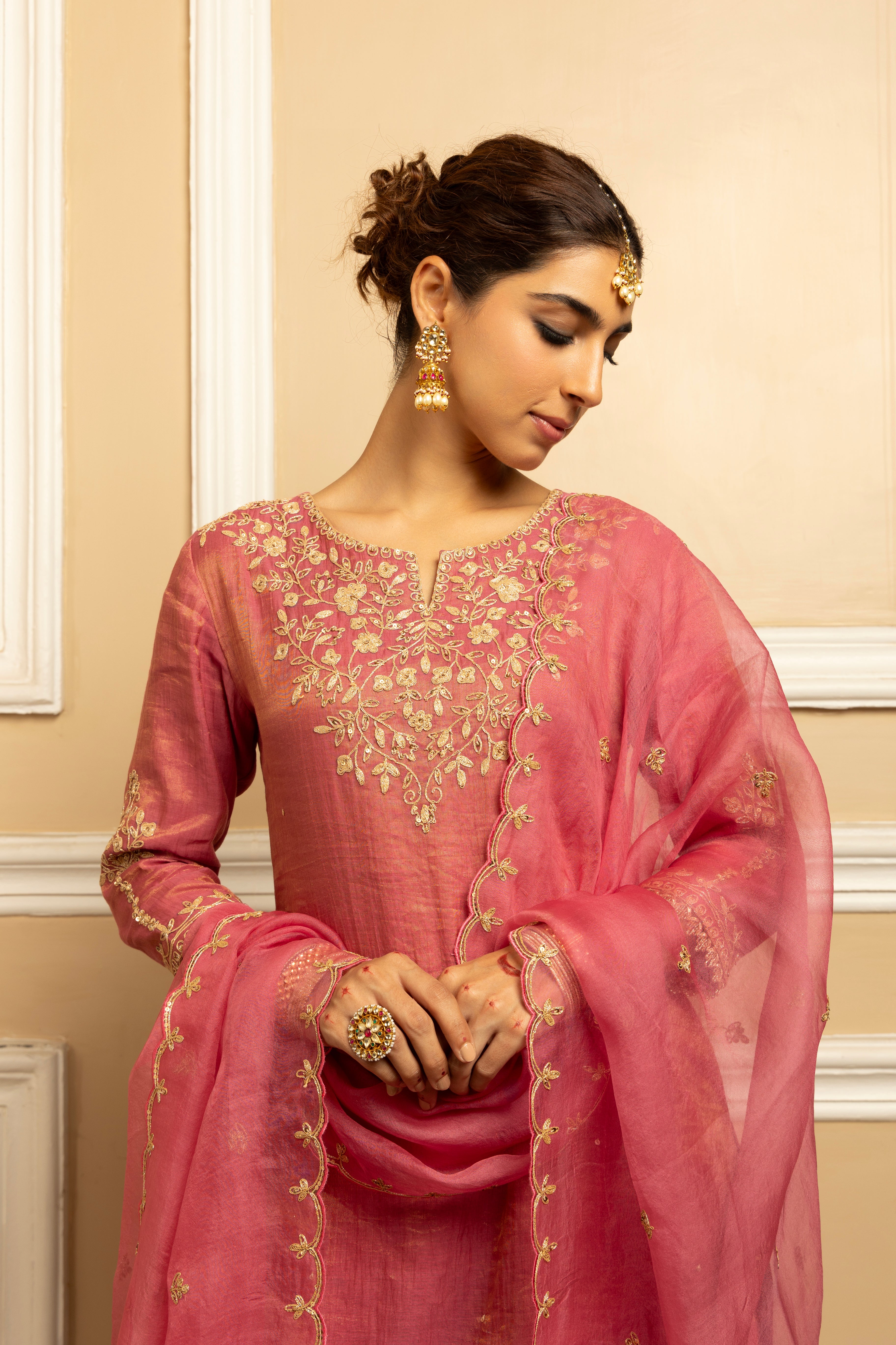 NOOR PINK TISSUE CHANDERI SHARARA SET