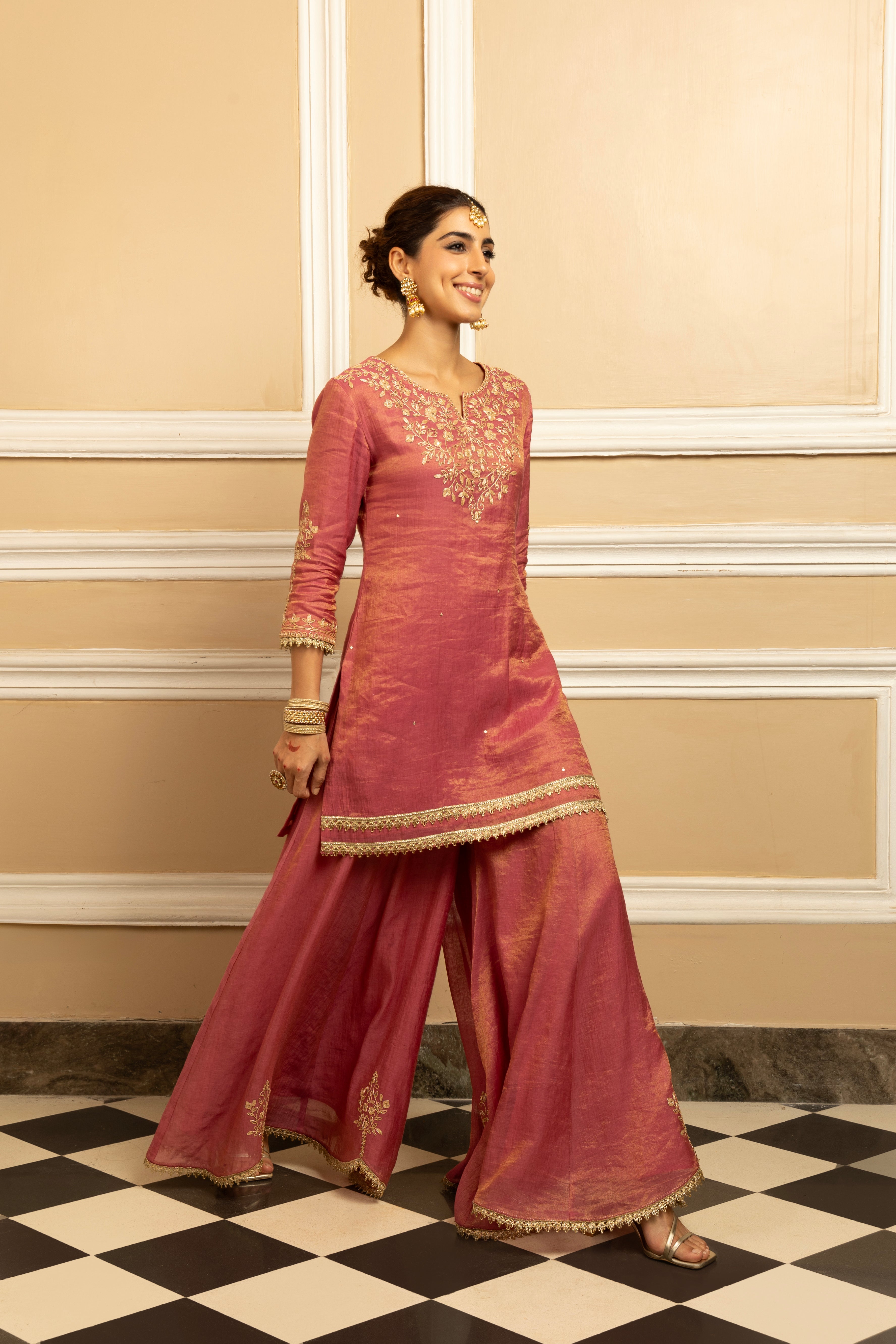 NOOR PINK TISSUE CHANDERI SHARARA SET